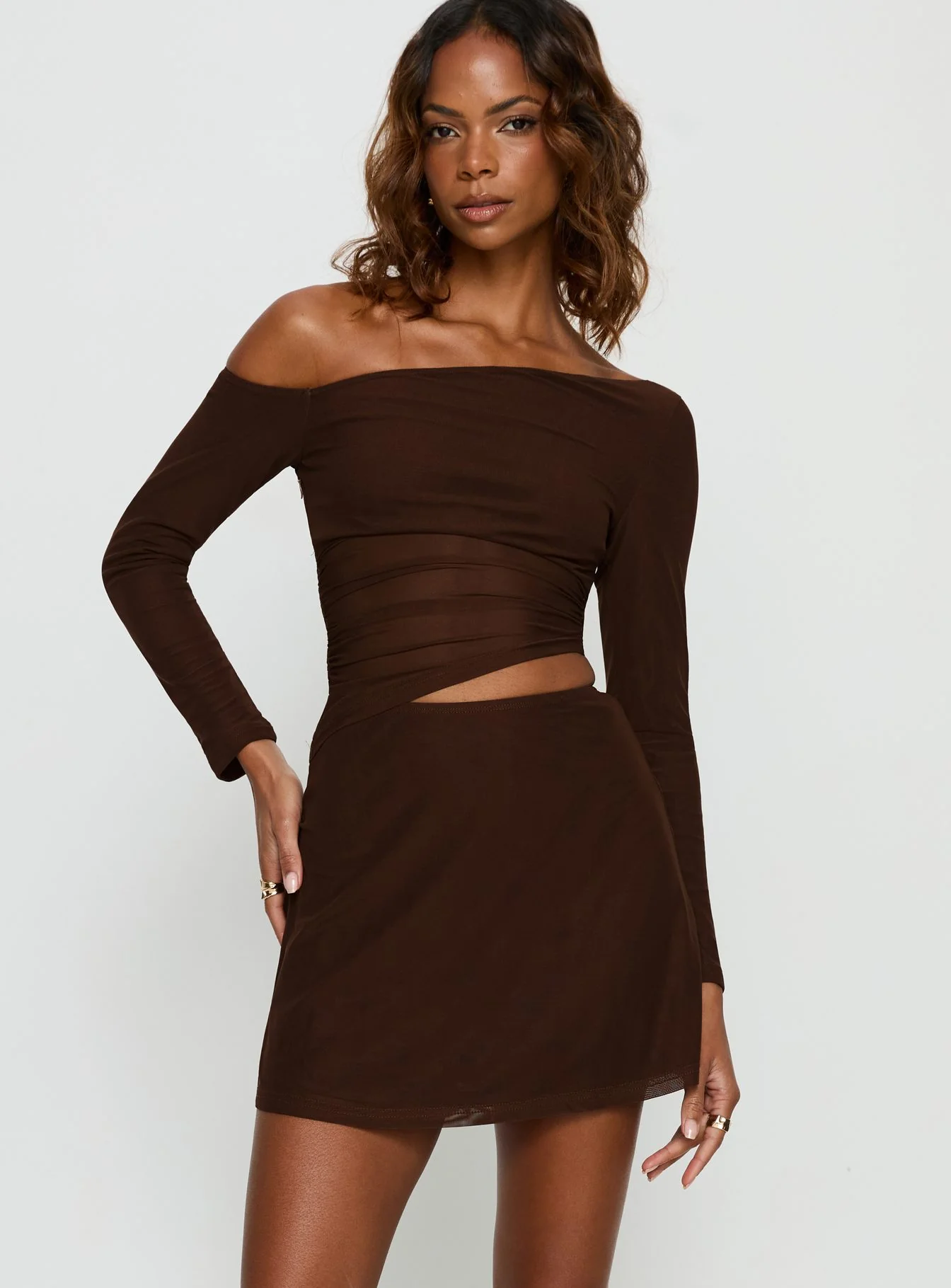 Fade To Black Off Shoulder Long Sleeve Mini Dress Chocolate - EHAORUI