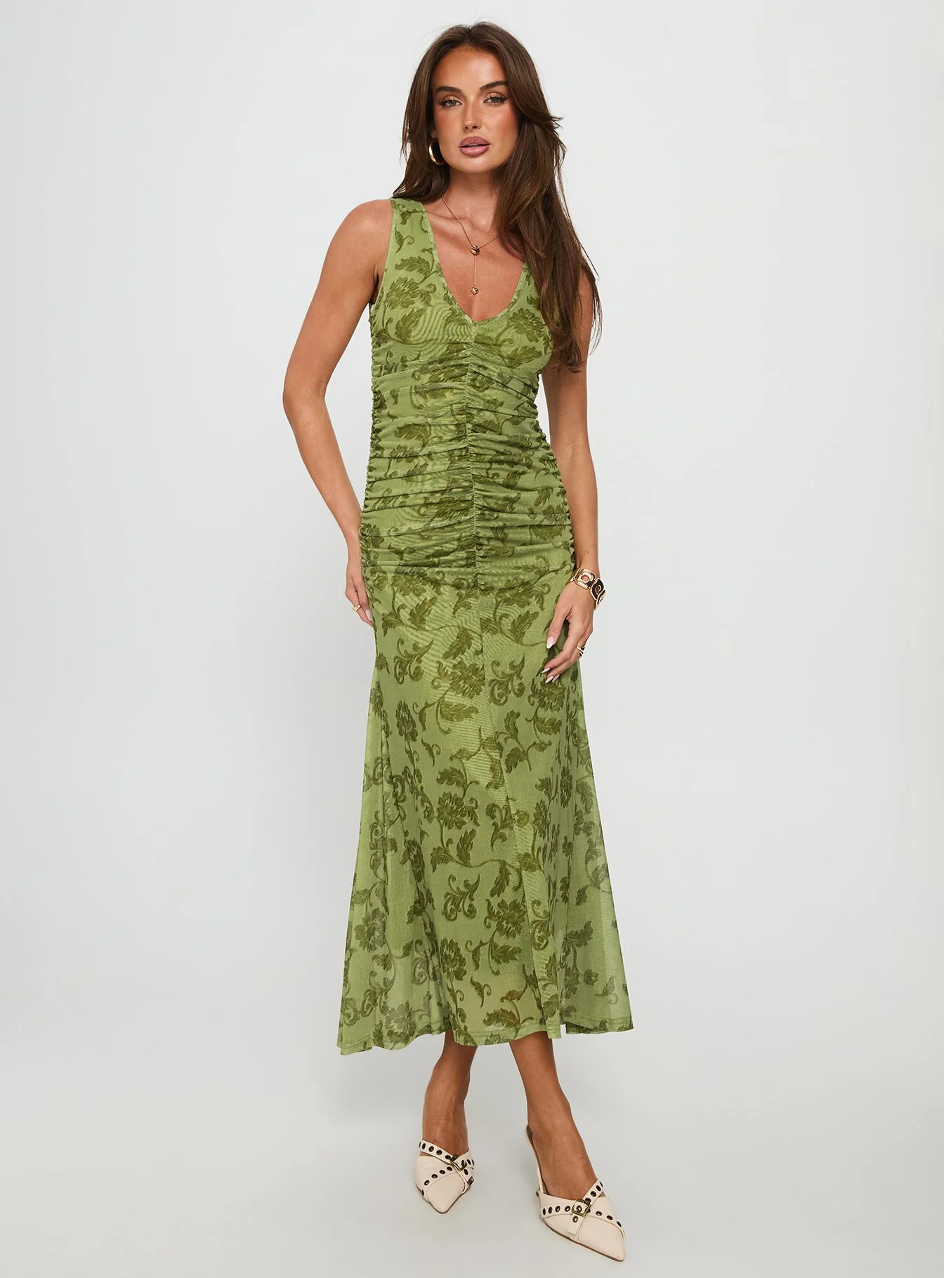Stefanya Gathered Maxi Dress Green Floral - EHAORUI