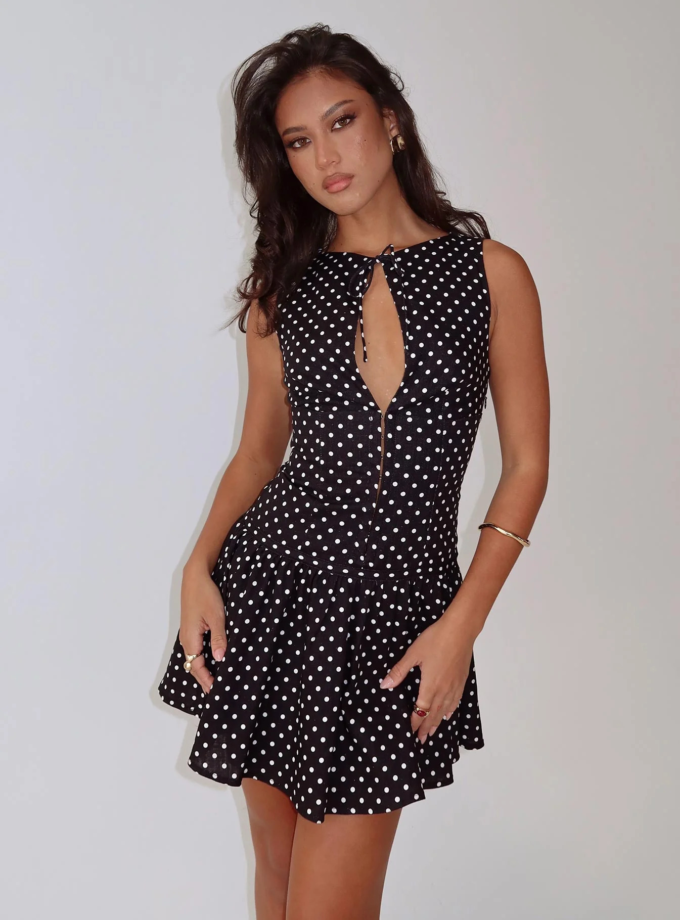 Alissea Keyhole Linen Blend Mini Dress Black Polka - EHAORUI