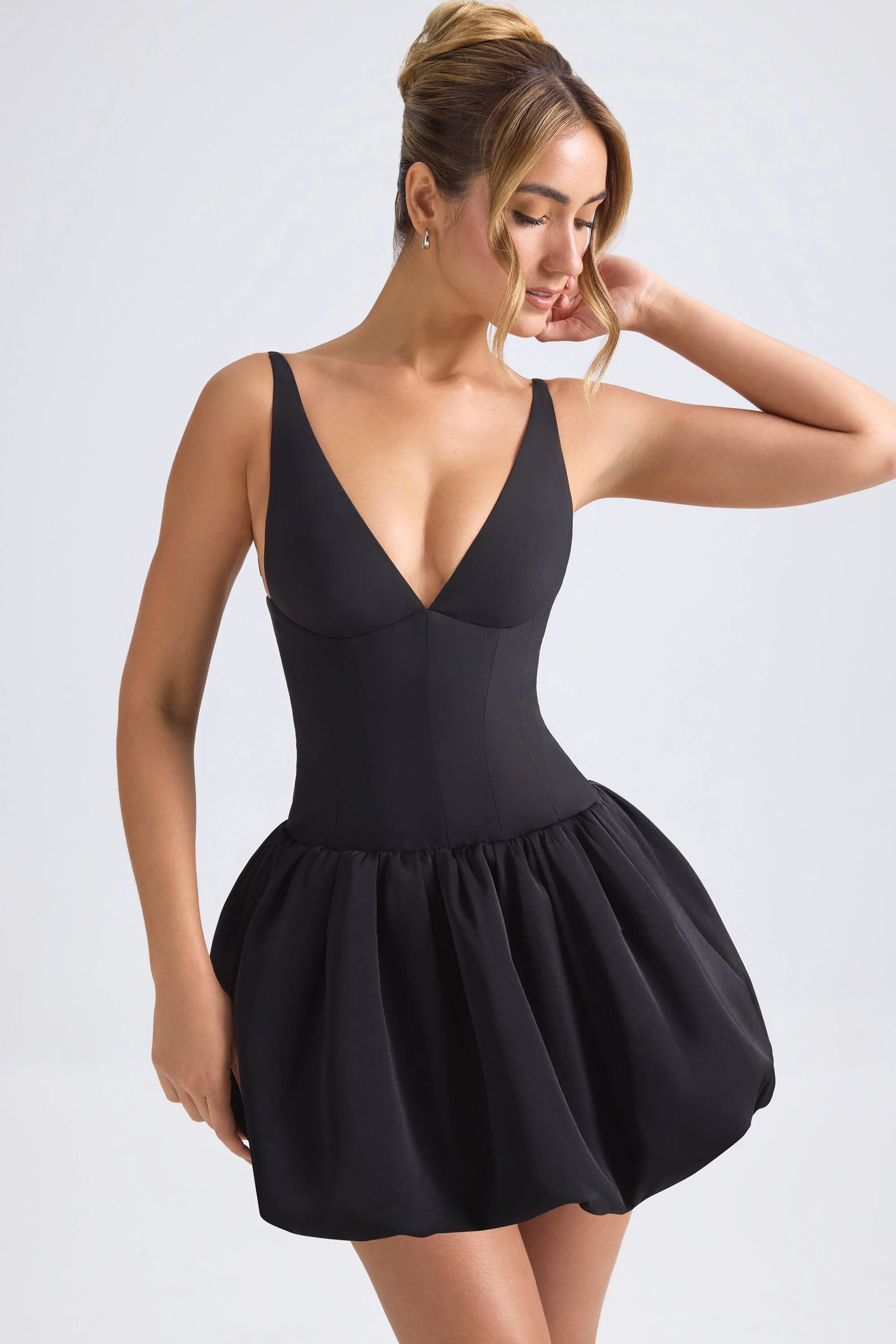 Lace-Up Bubble Hem Corset Micro Mini Dress in Black - EHAORUI