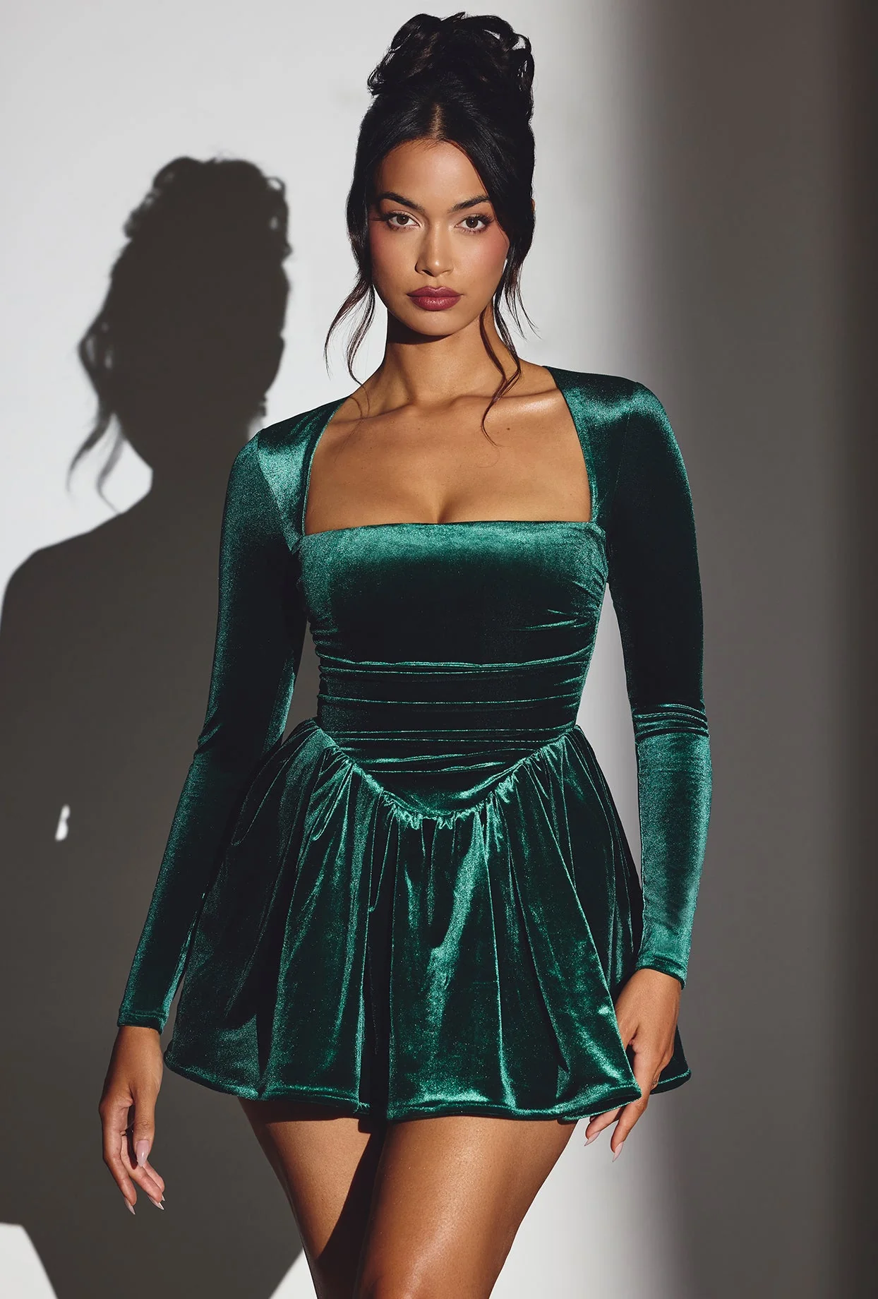 Velvet Long Sleeve Corset Mini Dress in Emerald Green - EHAORUI