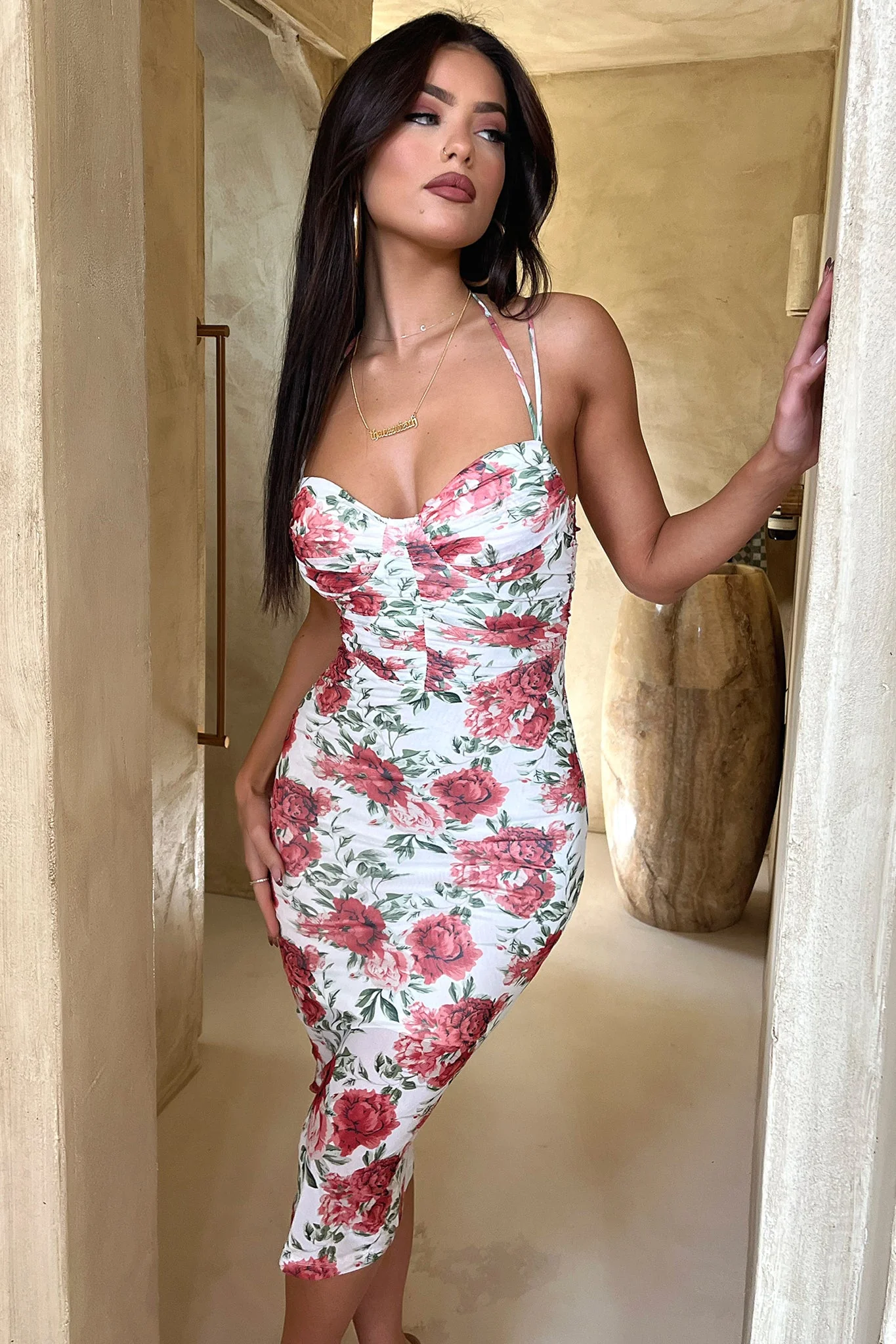 Ishana Midi Dress - Red Floral - EHAORUI