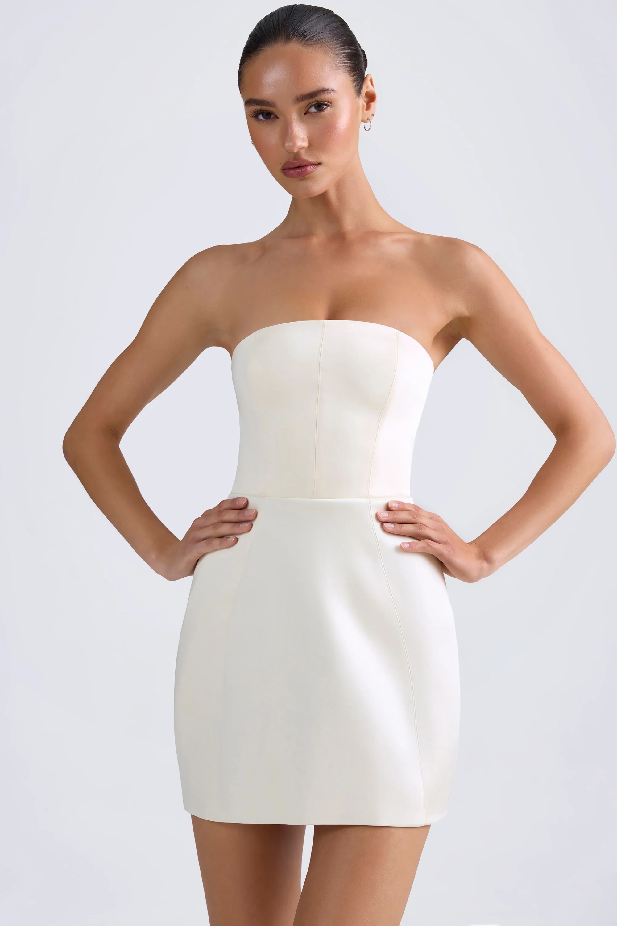 Bandeau Structured Tulip Mini Dress in Ivory - EHAORUI
