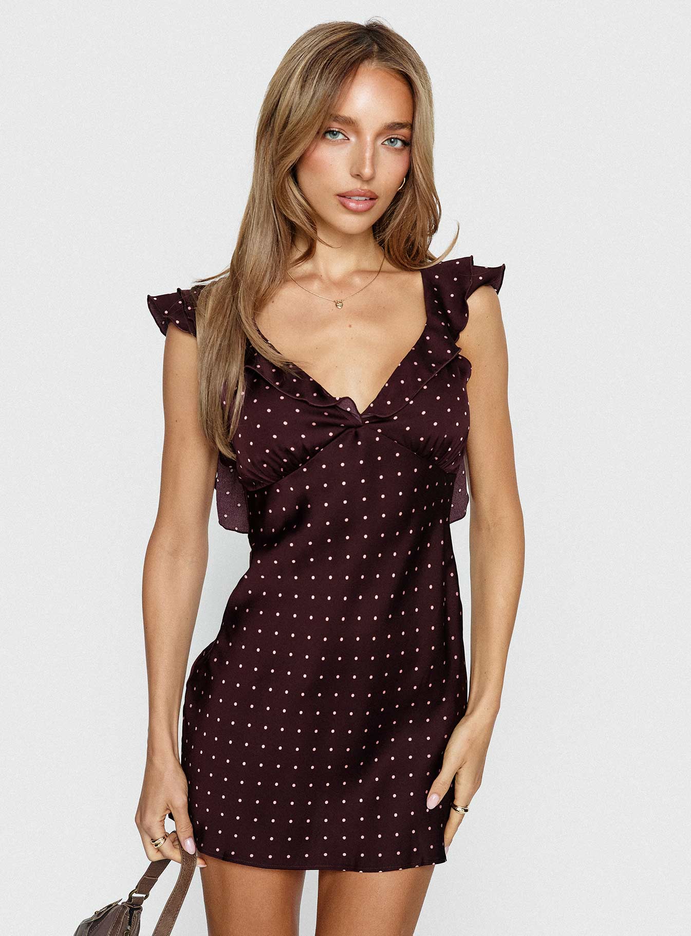 Kamillah Frill Mini Dress Burgundy Polka Dot - EHAORUI