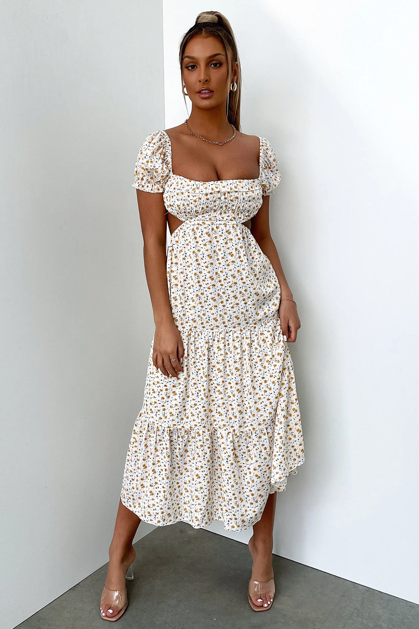 Noelle Midi Dress - Yellow Floral - EHAORUI