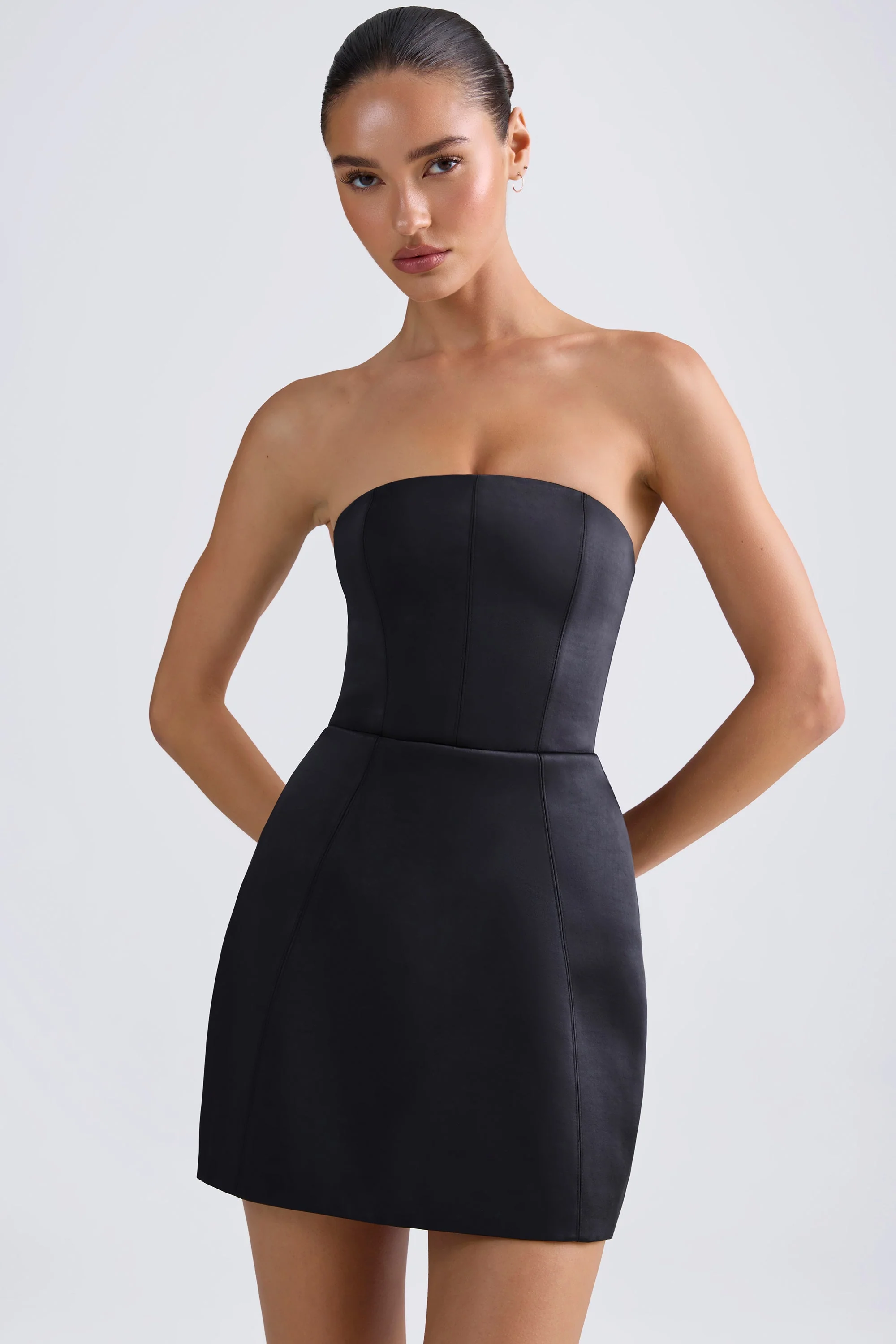 Bandeau Structured Tulip Mini Dress in Black - EHAORUI