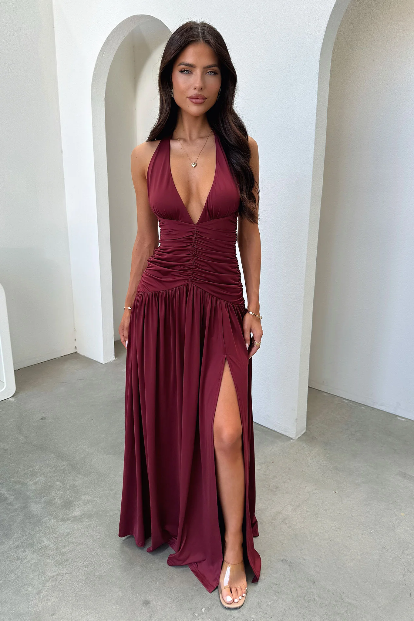Ginevra Ruched Halter Maxi Dress - Burgundy - EHAORUI