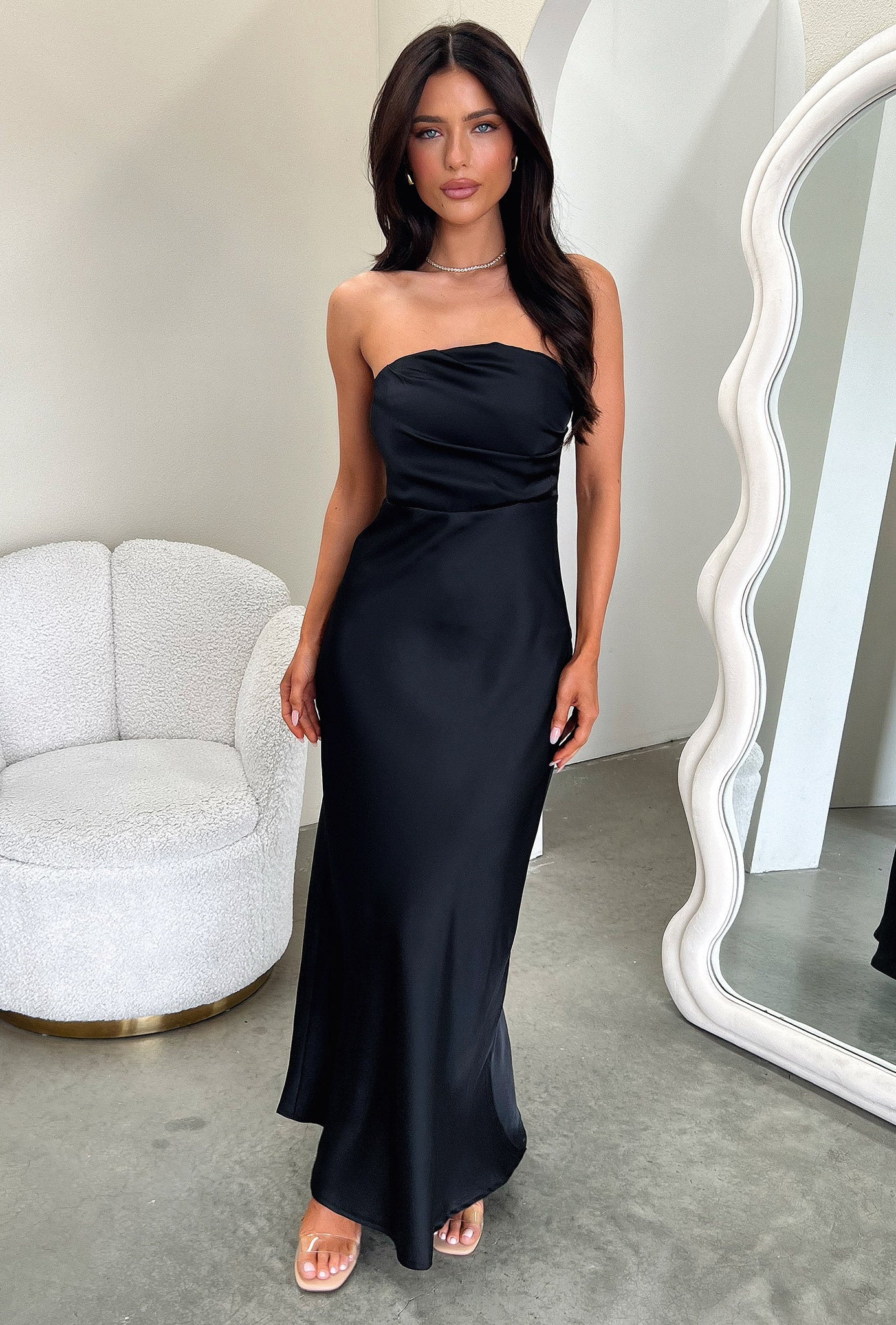 Elio Strapless Satin Maxi Dress - Black - EHAORUI