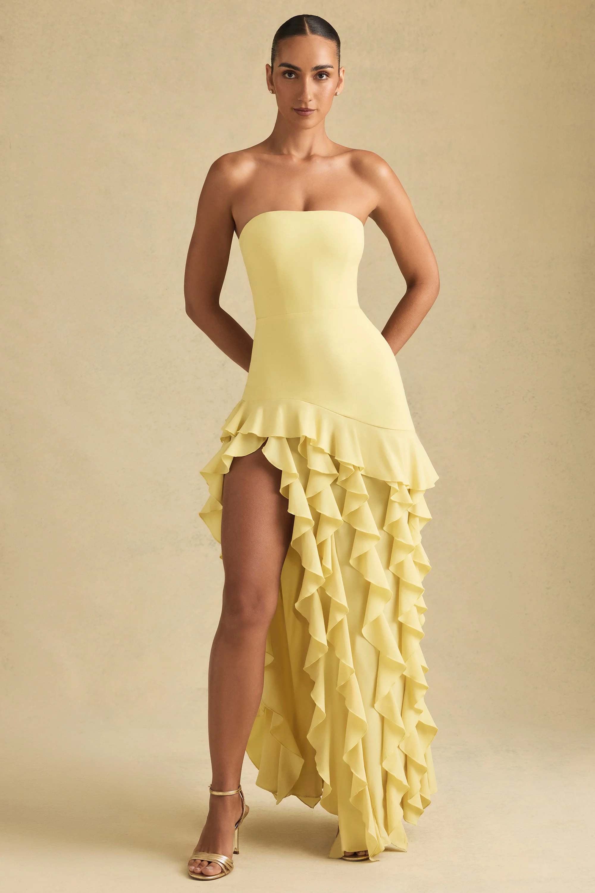 Ruffle-Trim Strapless Gown in Pastel Yellow - EHAORUI