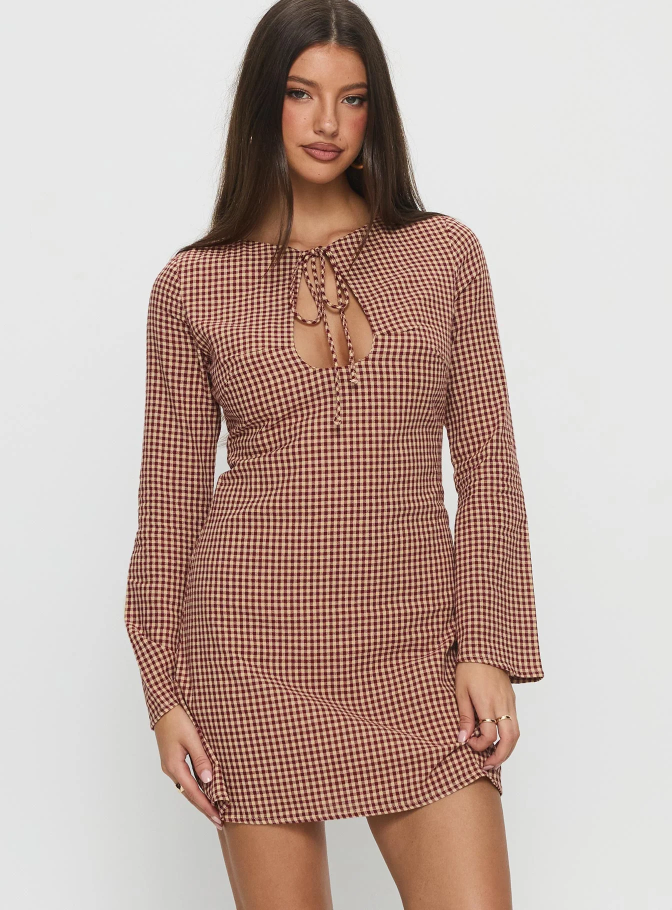 Kassidee Keyhole Long Sleeve Mini Dress Red Check - EHAORUI