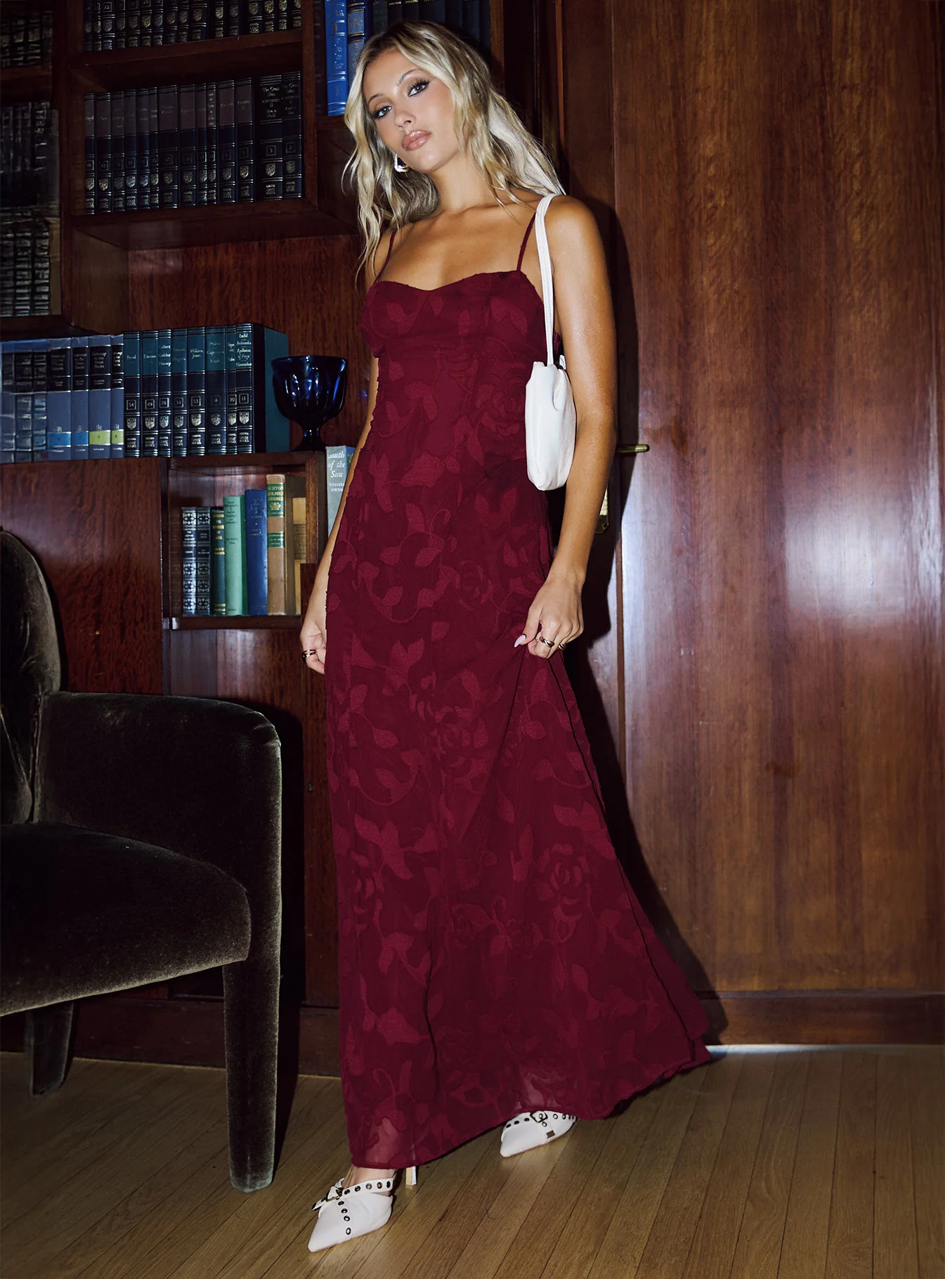 Leading Lady Sweetheart Maxi Dress Red Floral Burnout - EHAORUI