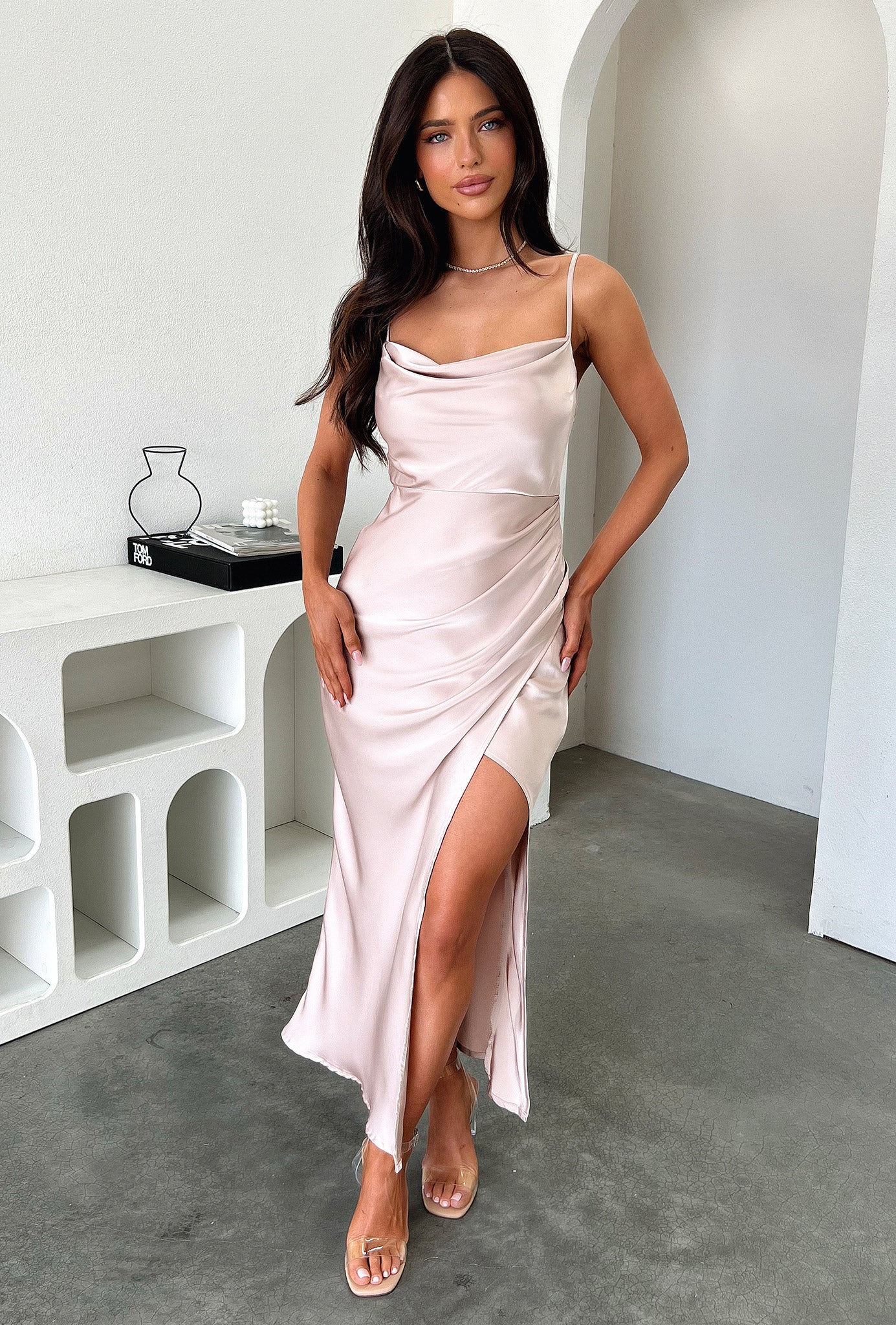 Evelyn Satin Cowl Neck Midi Dress - Champagne - EHAORUI