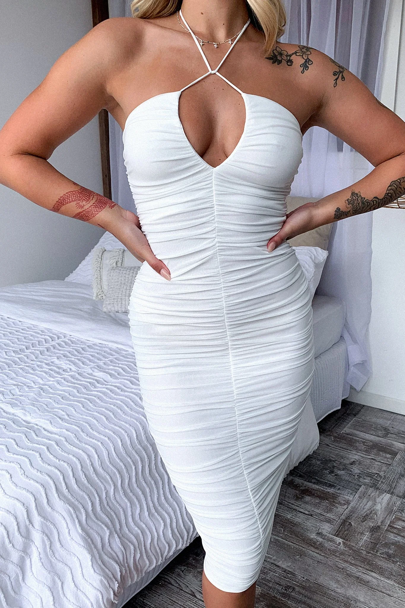 Emna Midi Dress - White - EHAORUI