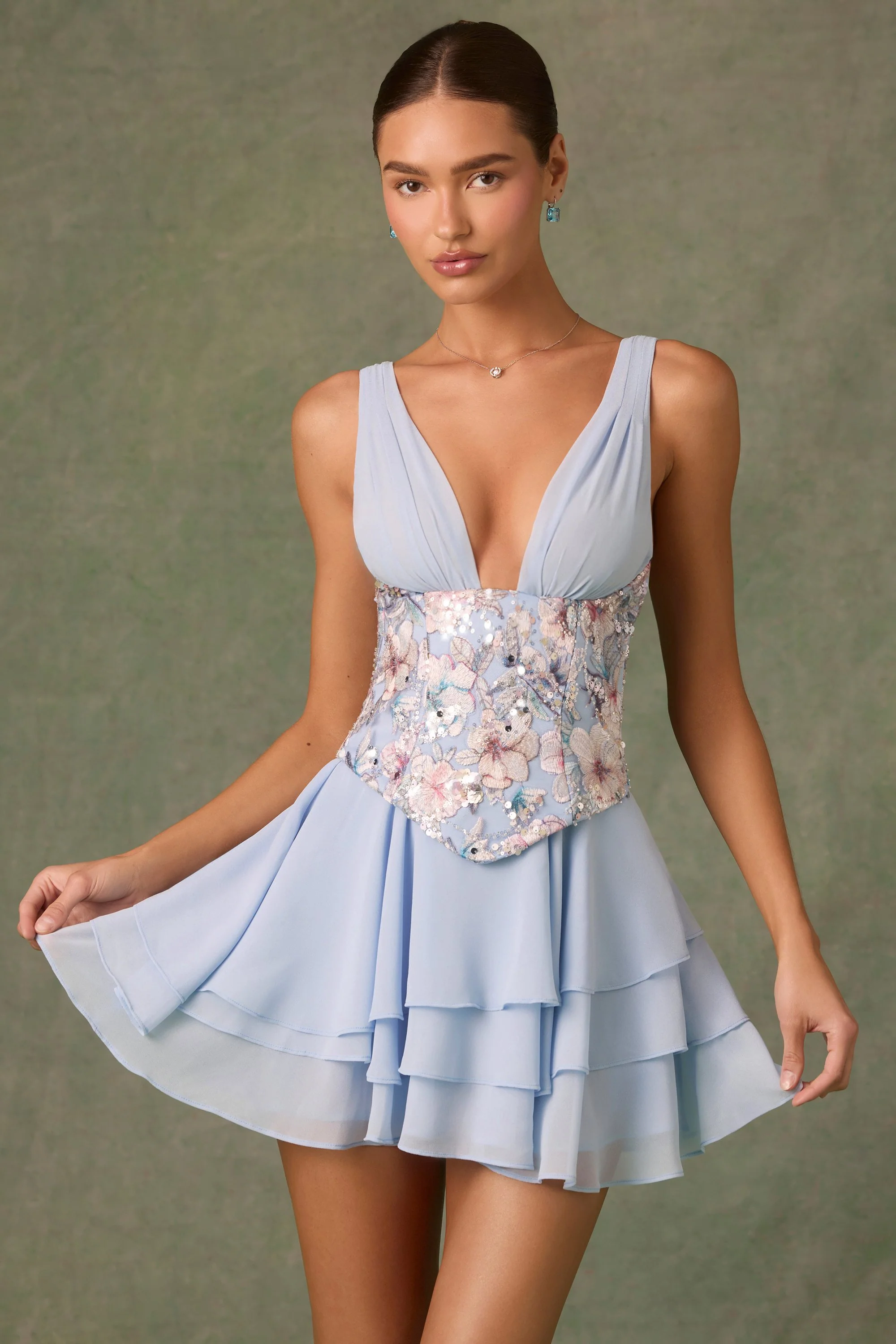 Embellished Ruffled Corset Mini Dress in Floral Blue - EHAORUI