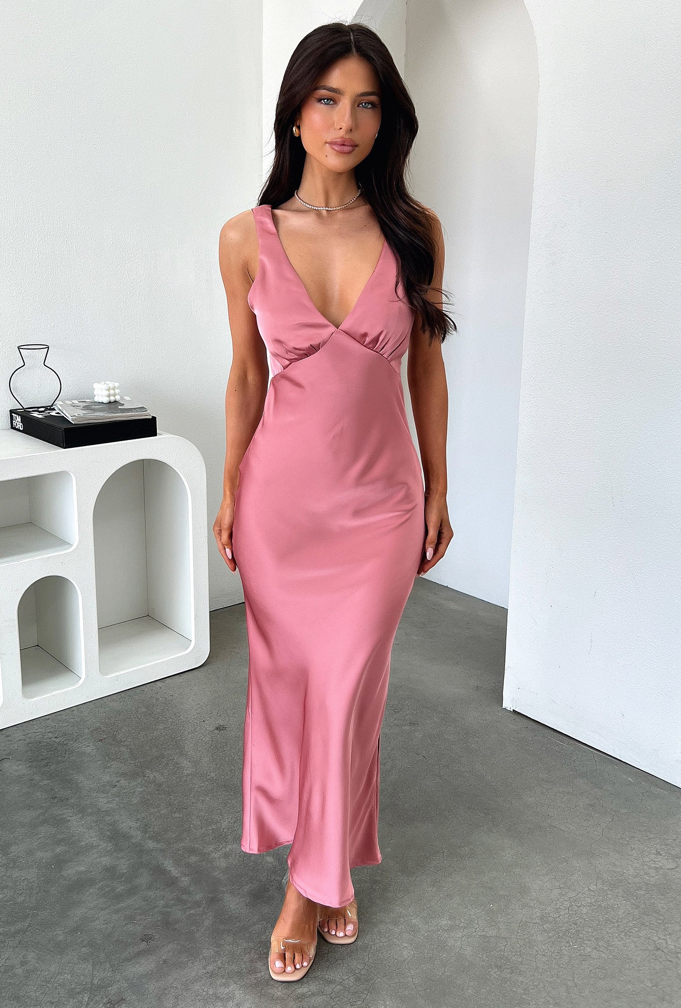 Delayne V-Neck Satin Midi Dress - Rose - EHAORUI