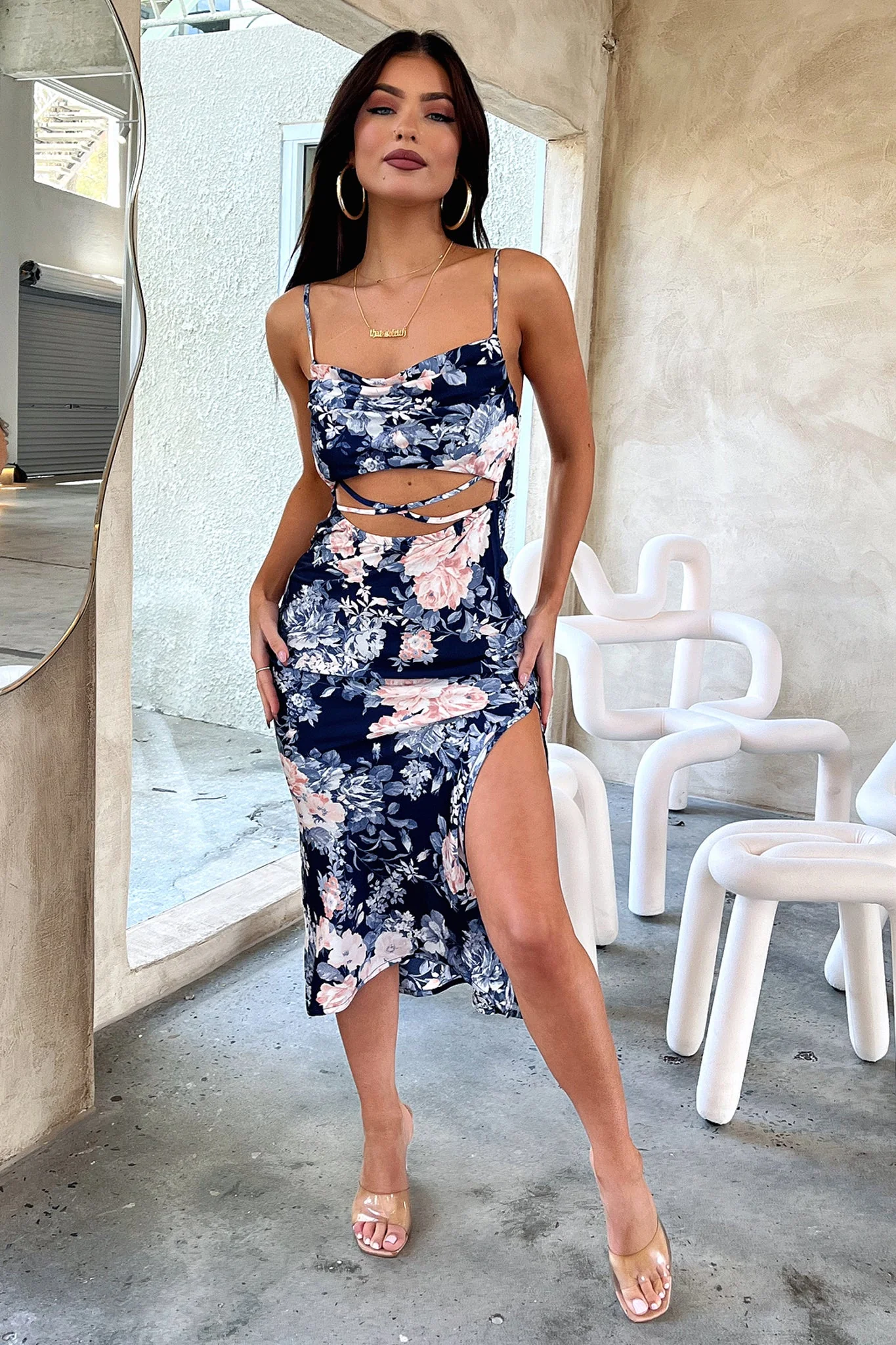 Florence Midi Dress - Blue Floral - EHAORUI