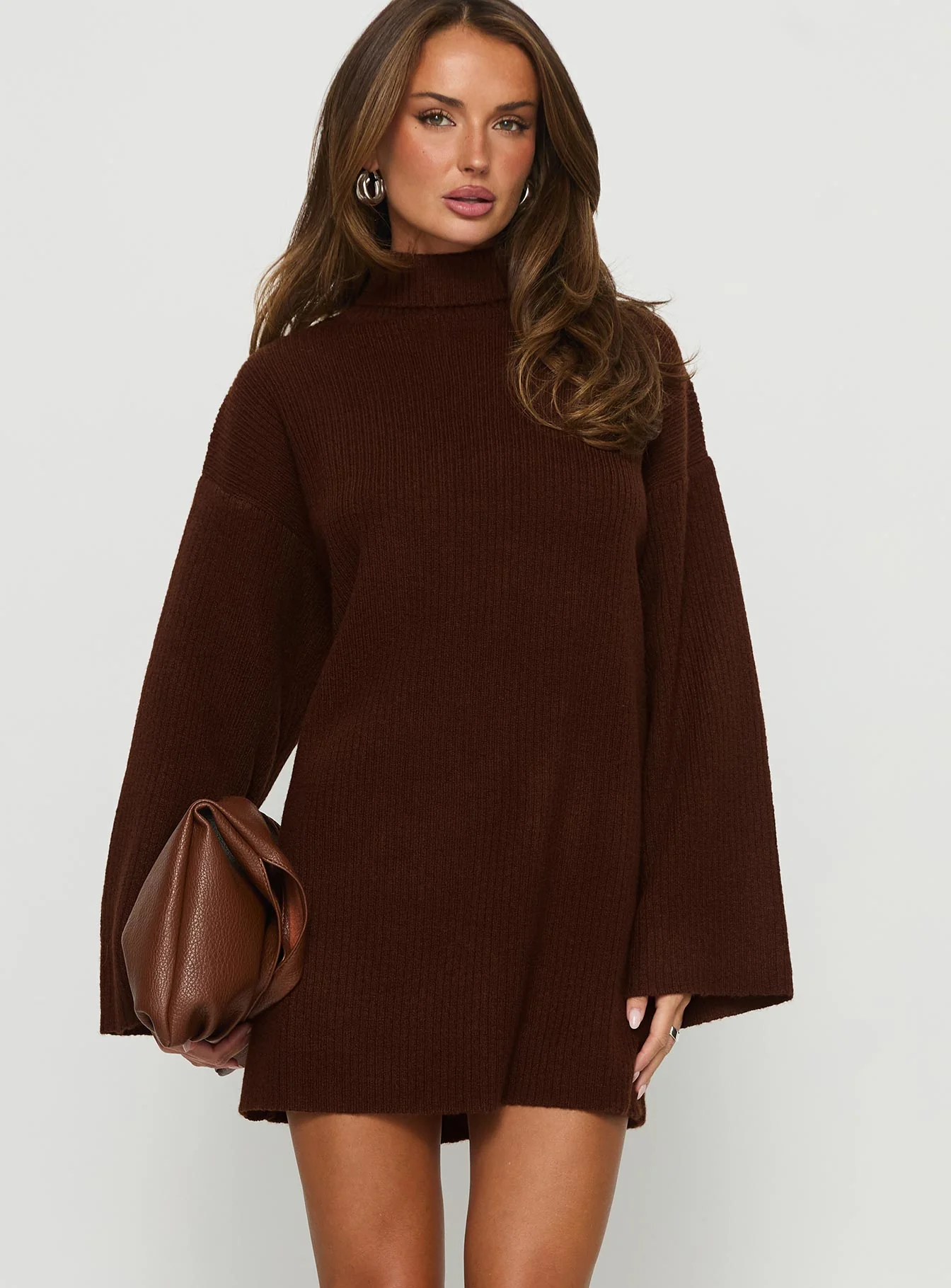 Sonelle Long Sleeve Knit Mini Dress Chocolate - EHAORUI
