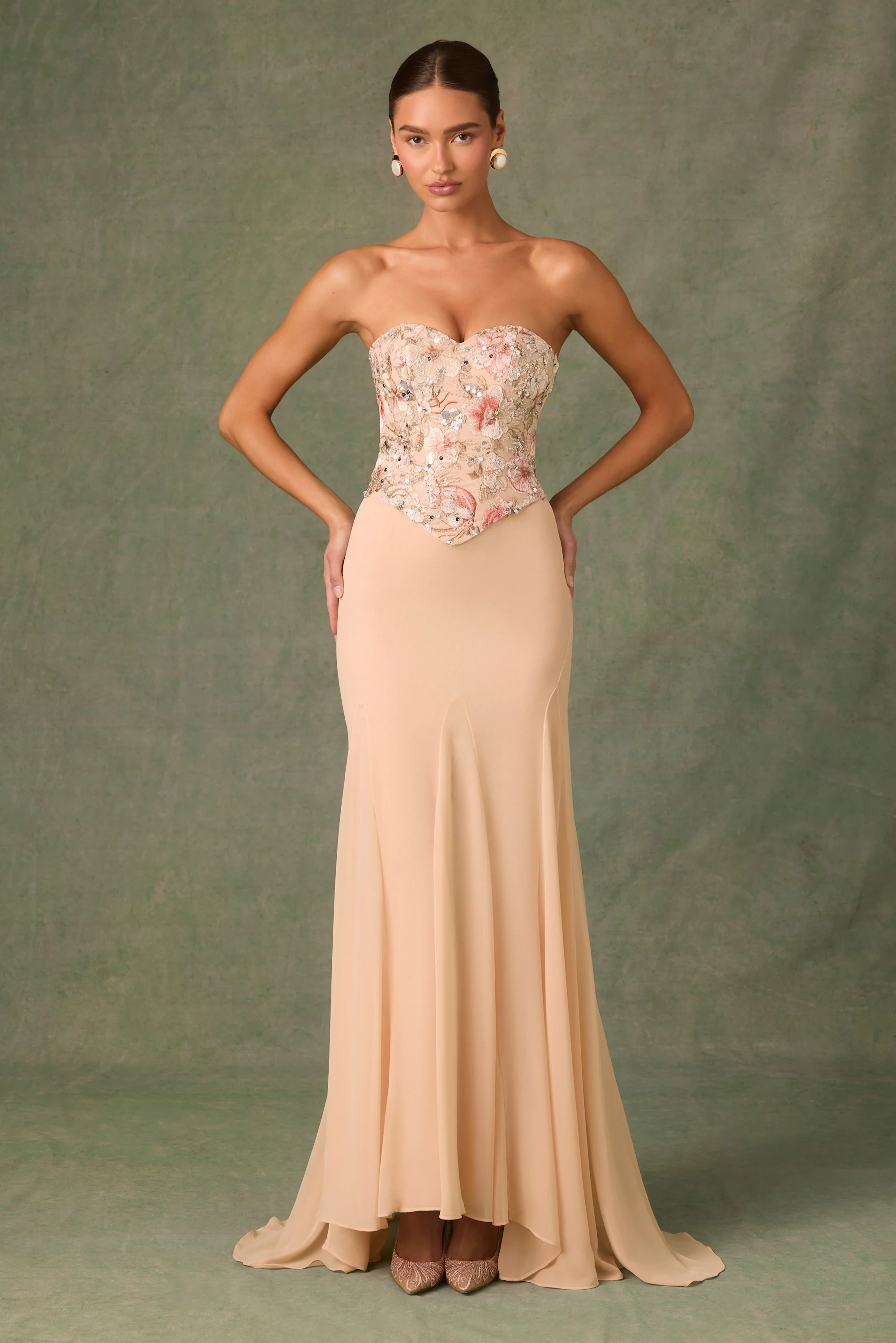Embellished Corset Fishtail Gown in Floral Beige - EHAORUI