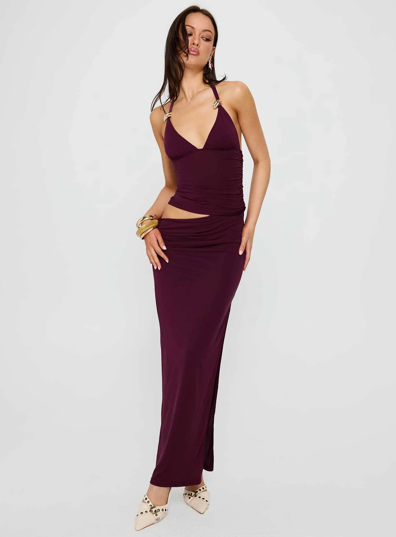 Imeraldia Hardware Halter Maxi Dress Currant - EHAORUI