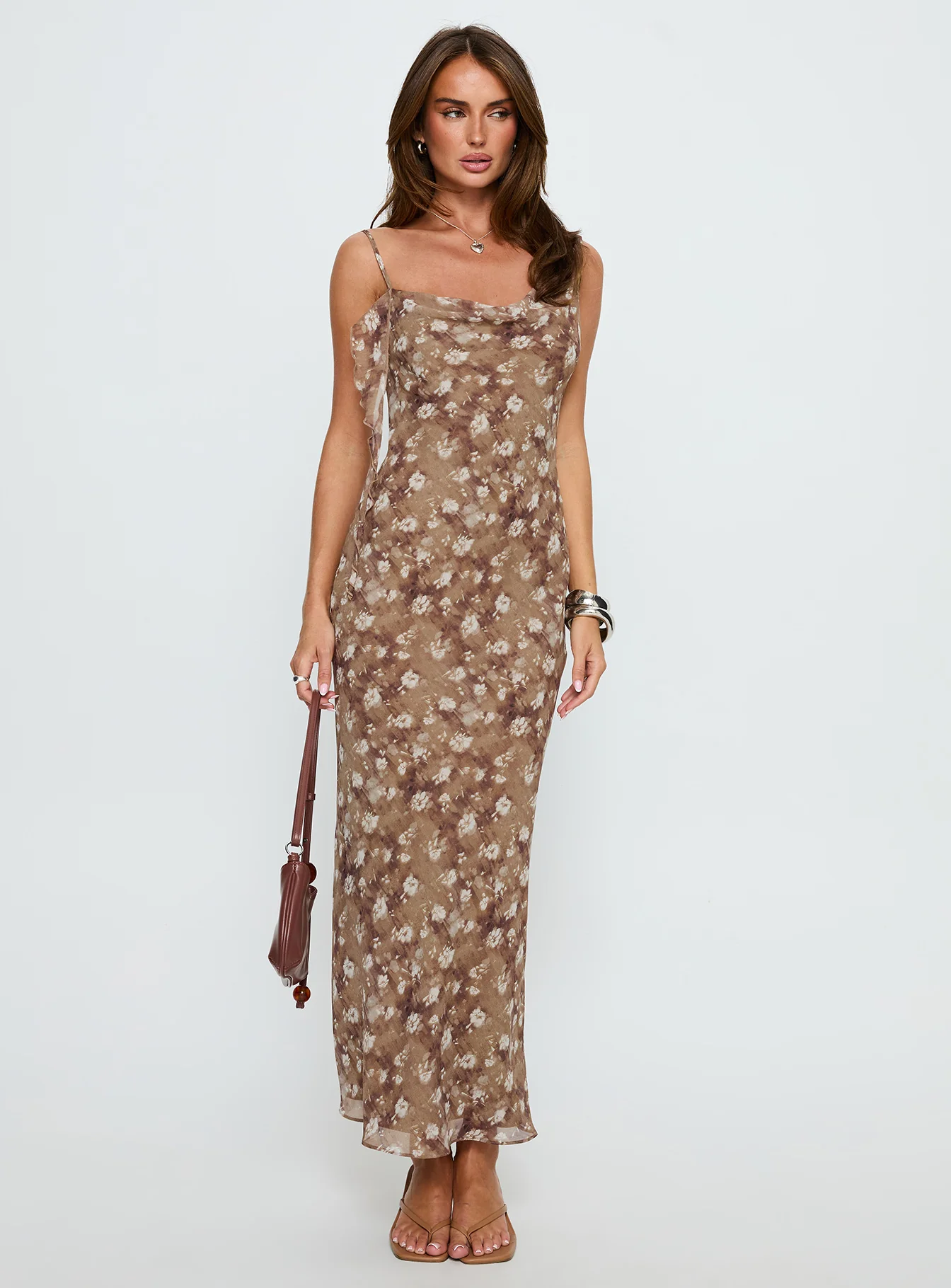 Silah Cowl Neck Maxi Dress Brown Floral - EHAORUI