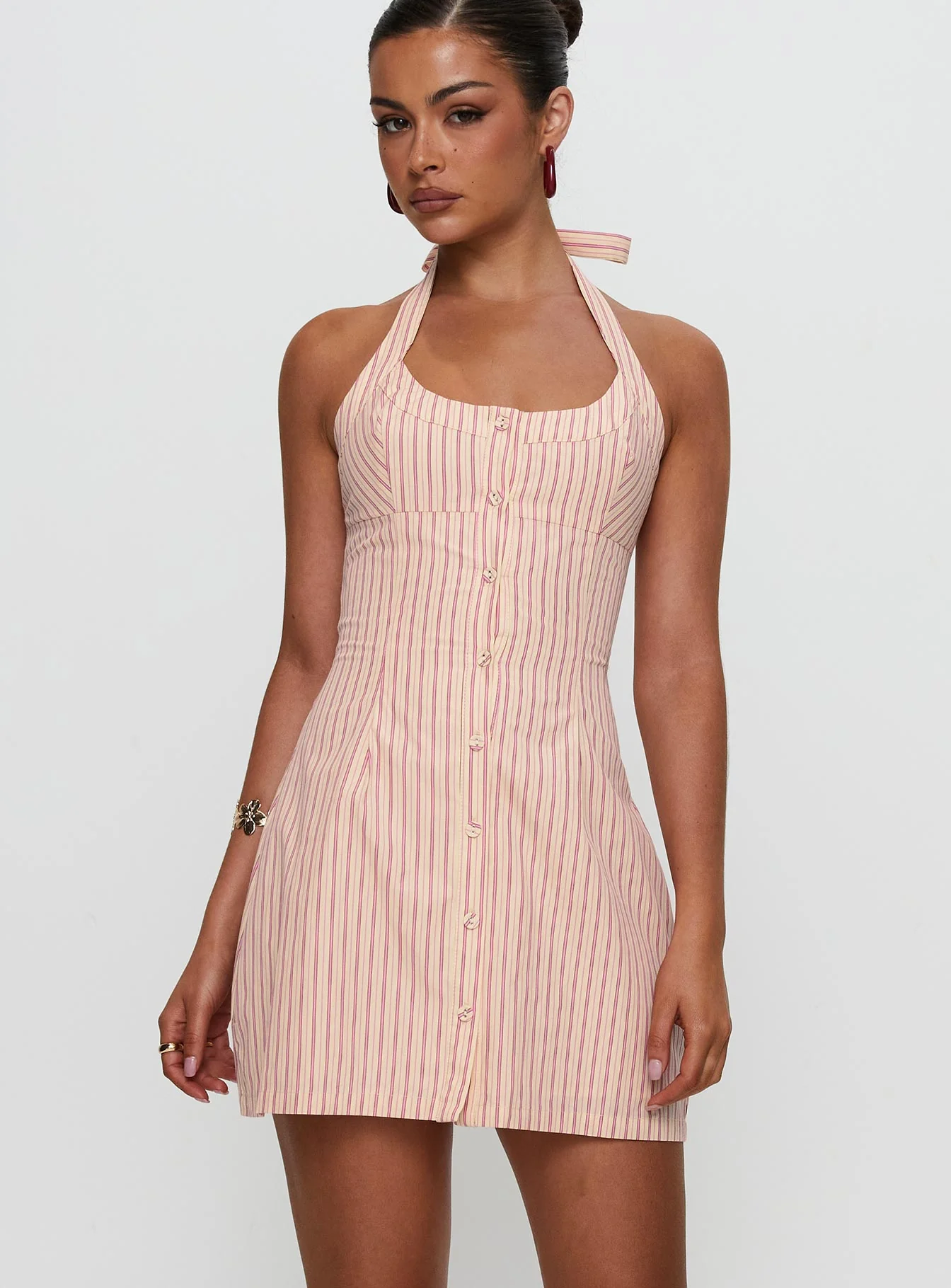 Mallorie Halter Mini Dress Pink Stripe - EHAORUI