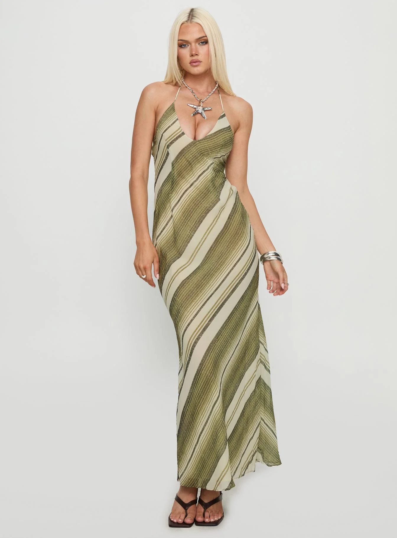 Esmira Halter Maxi Dress Green Stripe - EHAORUI
