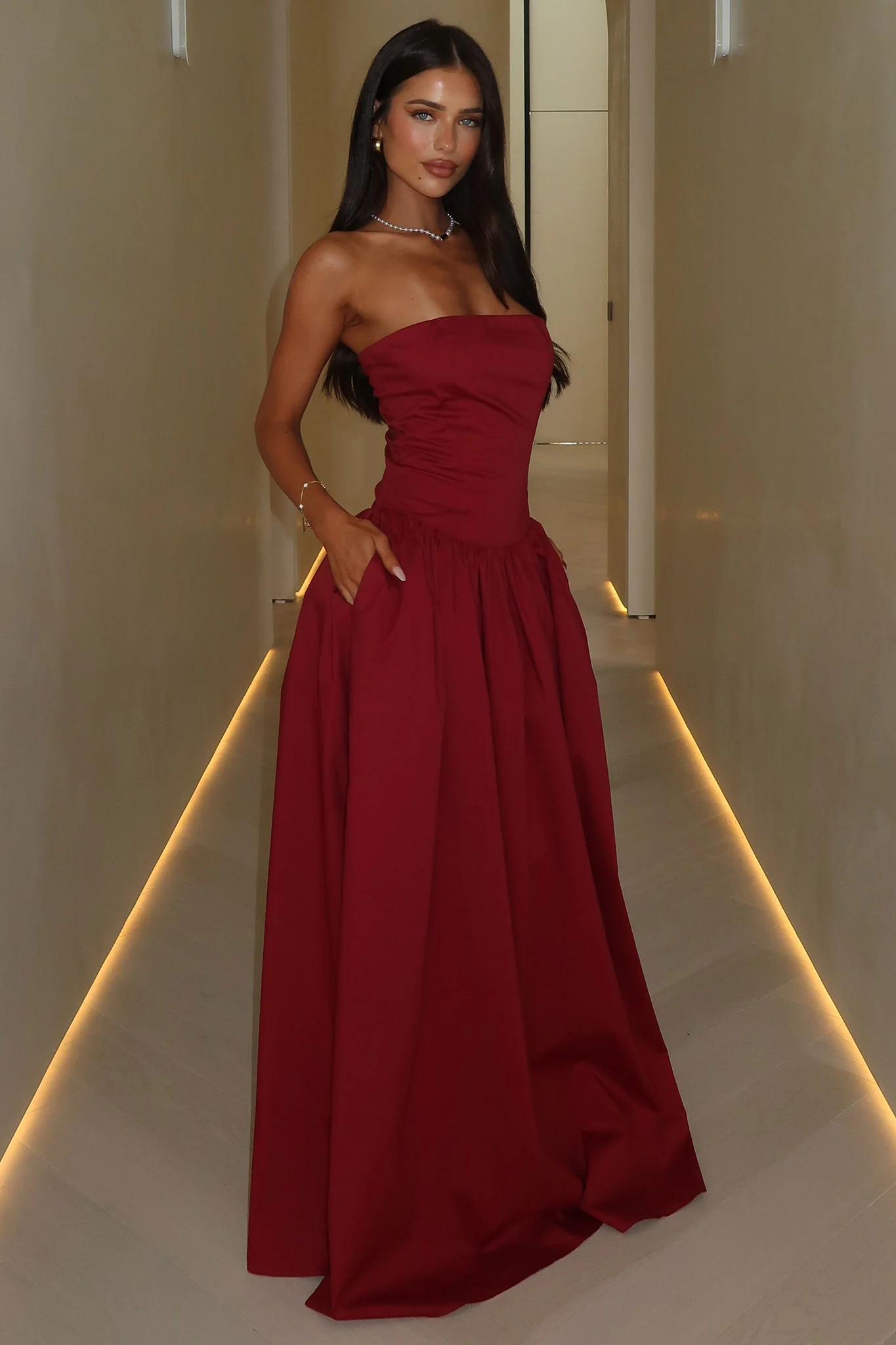 Iridessa Strapless Maxi Dress - Burgundy - EHAORUI