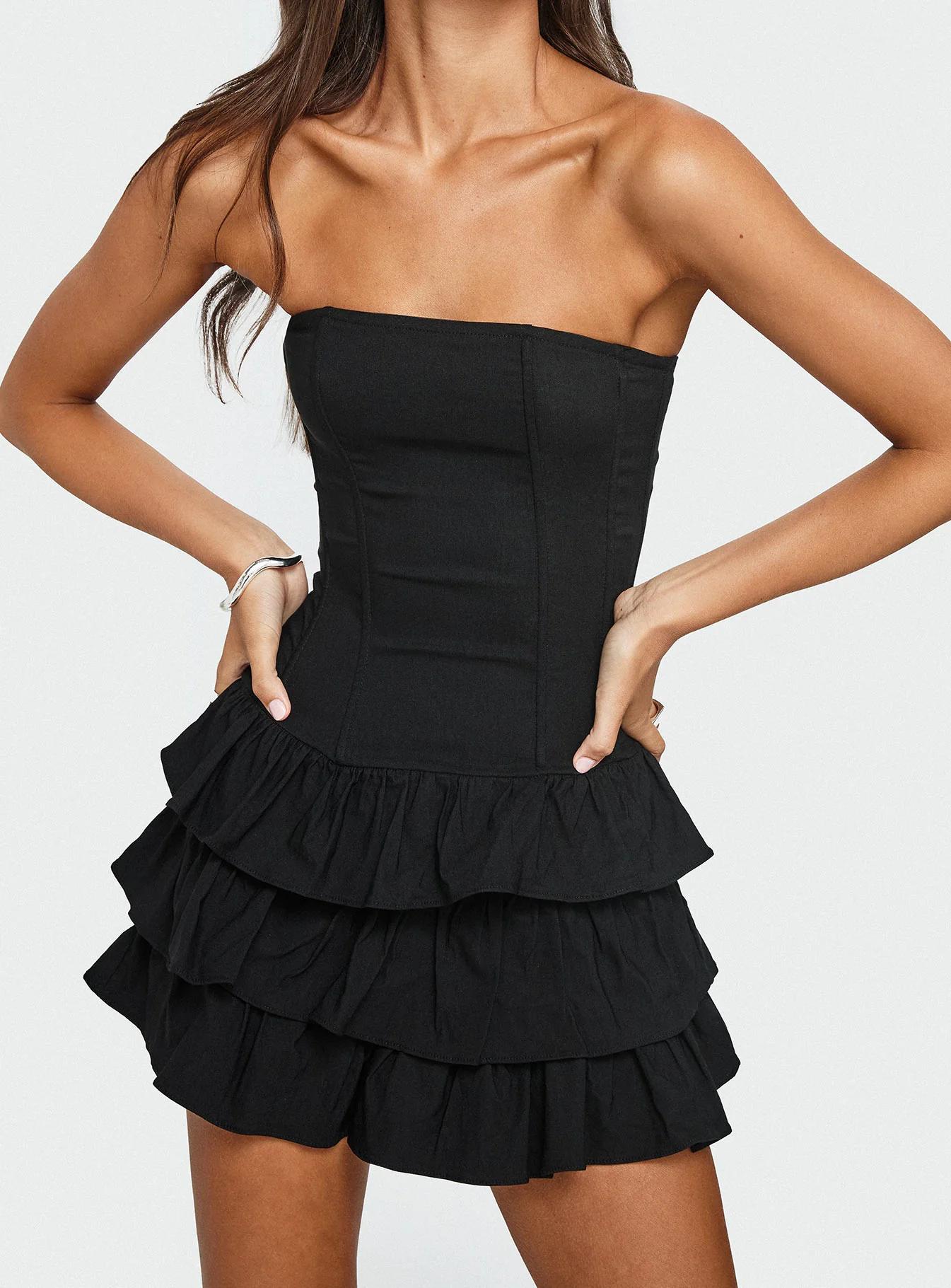 Valentia Tiered Mini Dress Black - EHAORUI