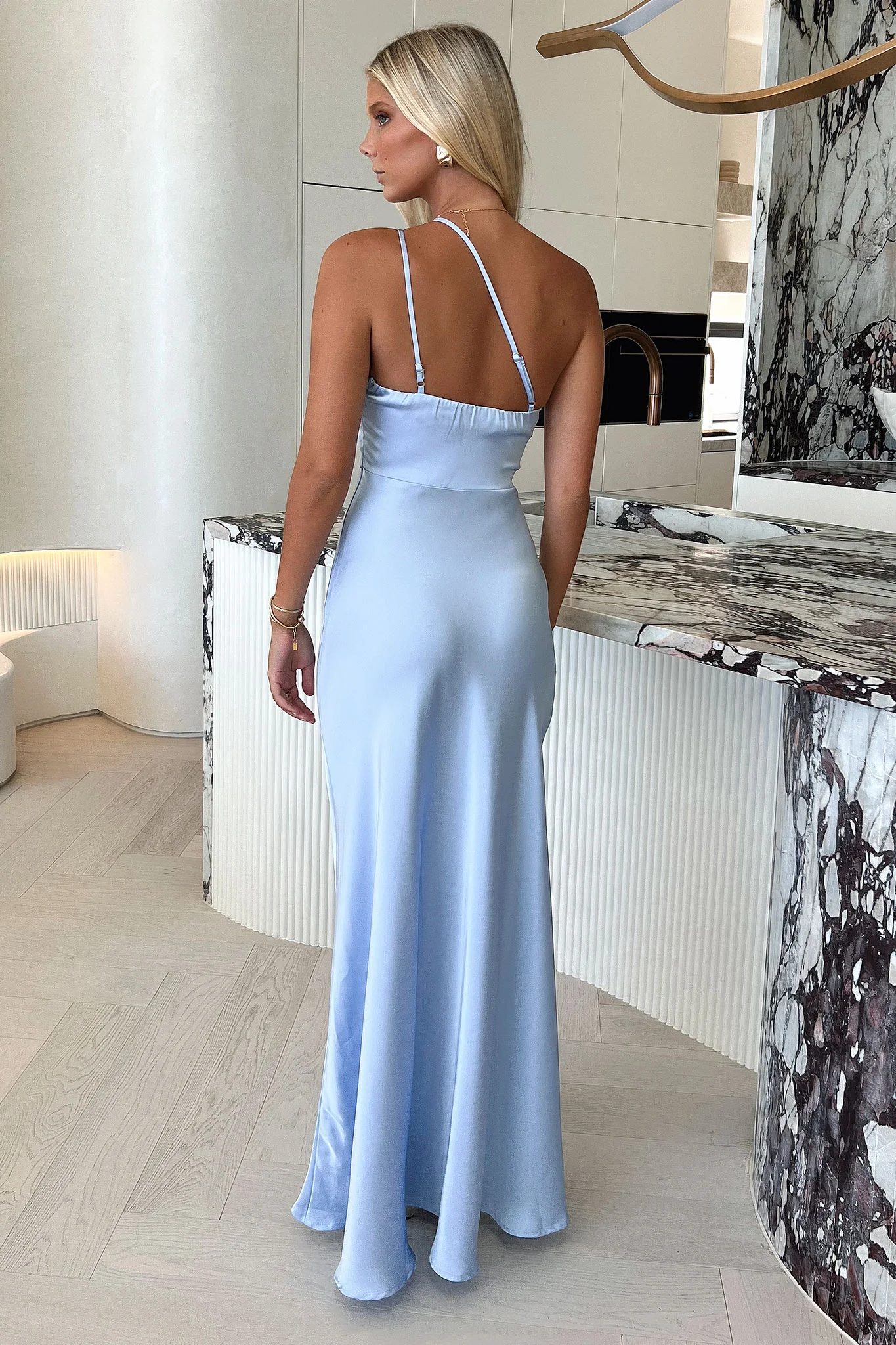 Aurelia One-Shoulder Satin Maxi Dress - Blue - EHAORUI