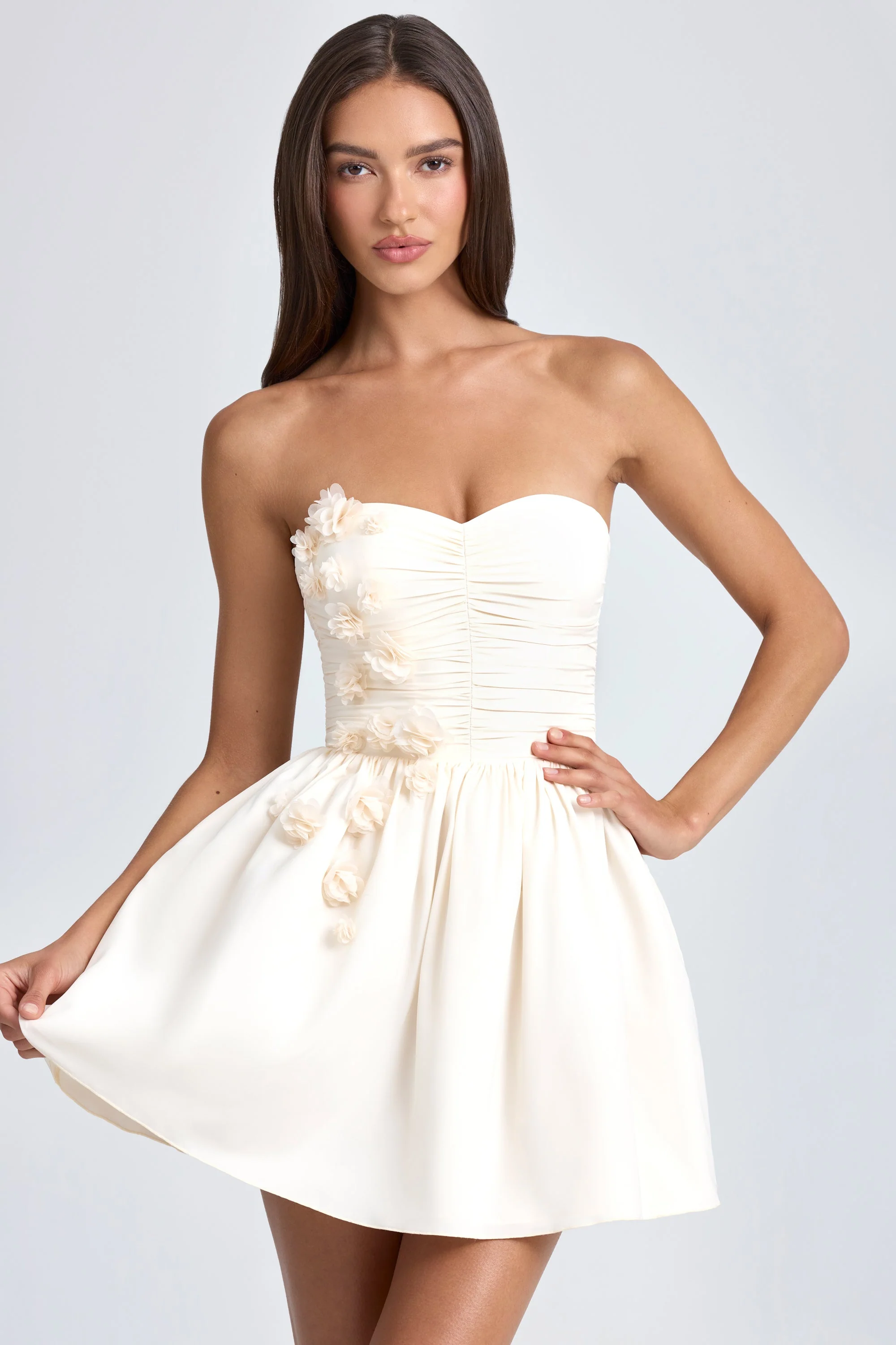 Bandeau Floral-Appliqué Corset Mini Dress in Ivory - EHAORUI
