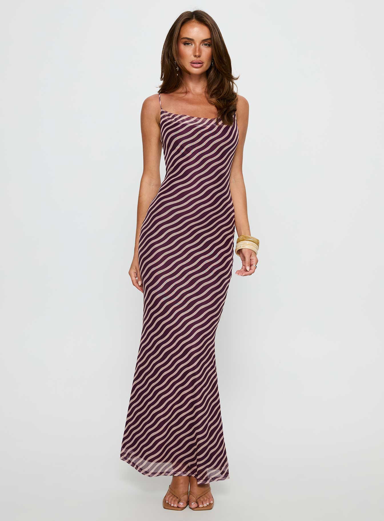 Aliah Cowl Neck Maxi Dress Brown Stripe - EHAORUI