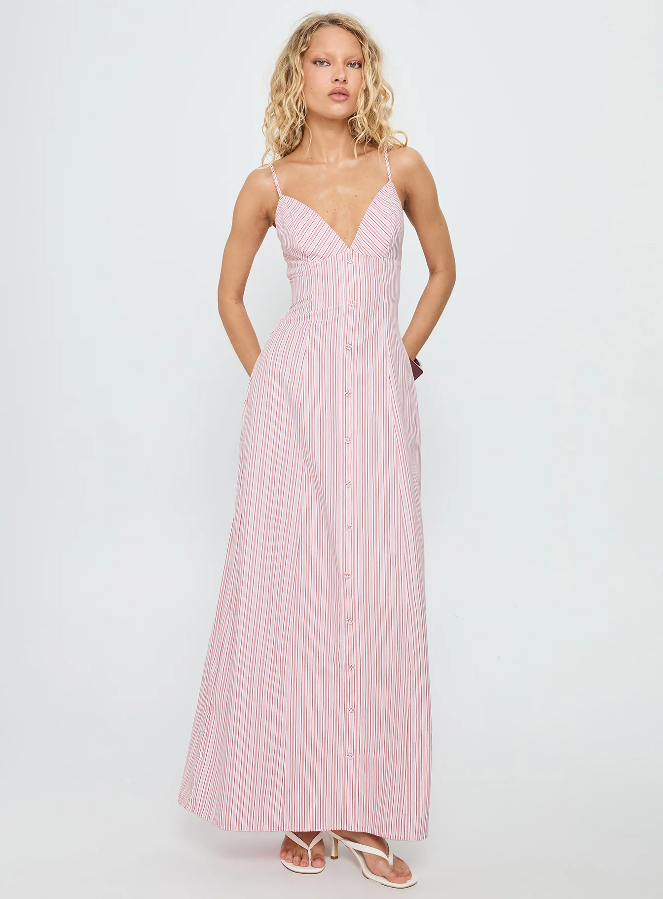 Samiyah Button Down Maxi Dress Red Stripe - EHAORUI