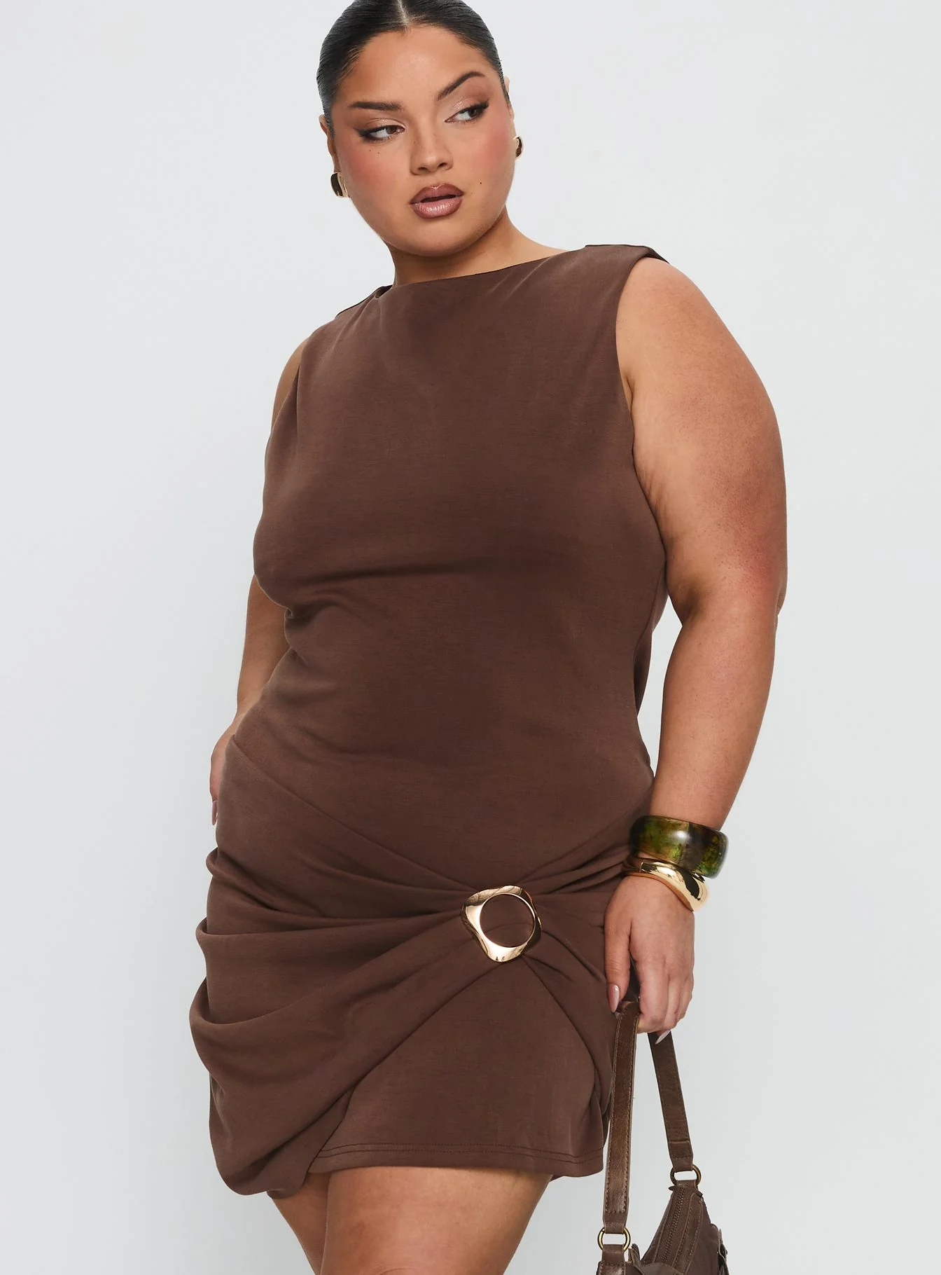 Kharla Ruched Hardware Mini Dress Brown Curve - EHAORUI