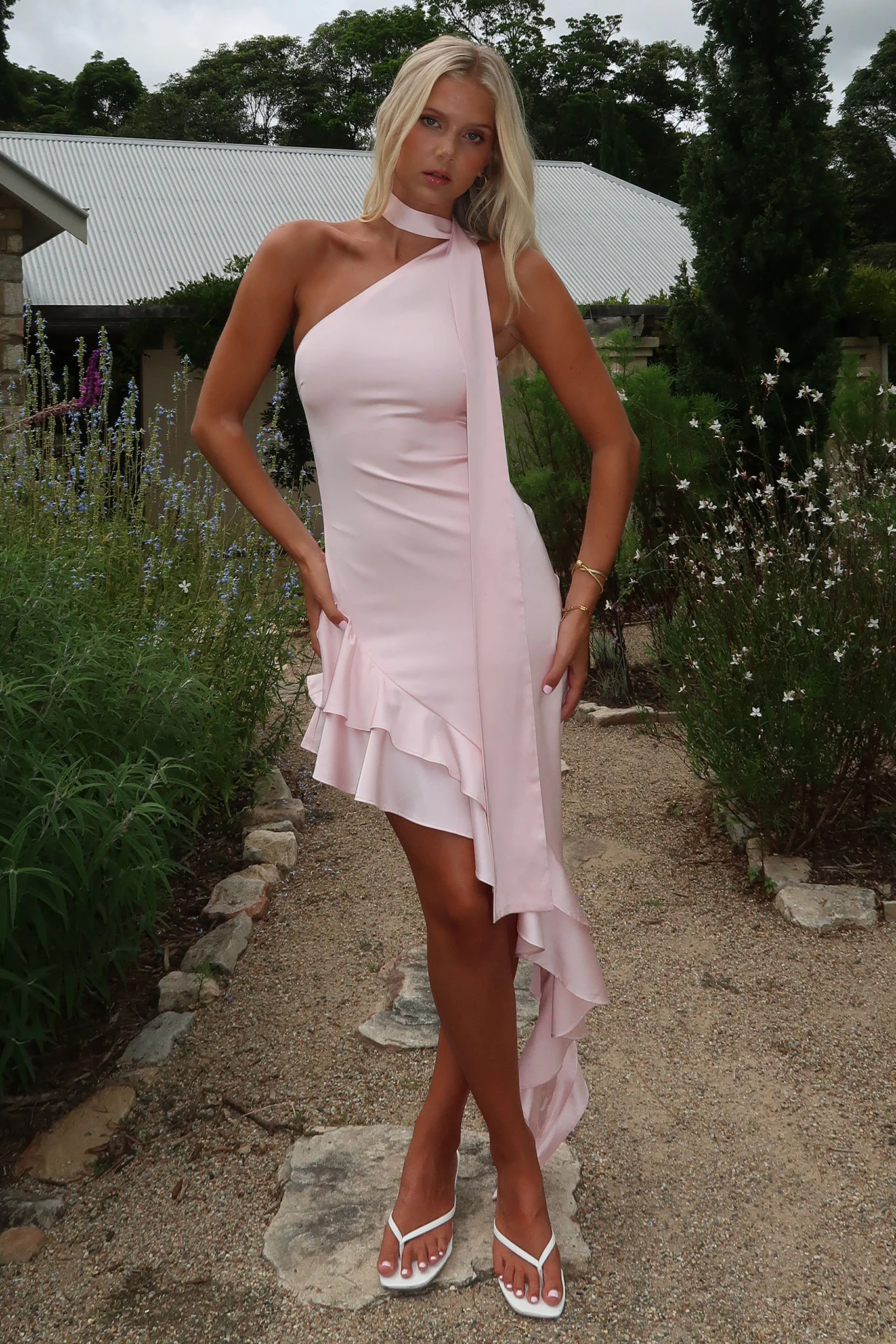 Kara One Shoulder Satin Maxi Dress - Pink - EHAORUI