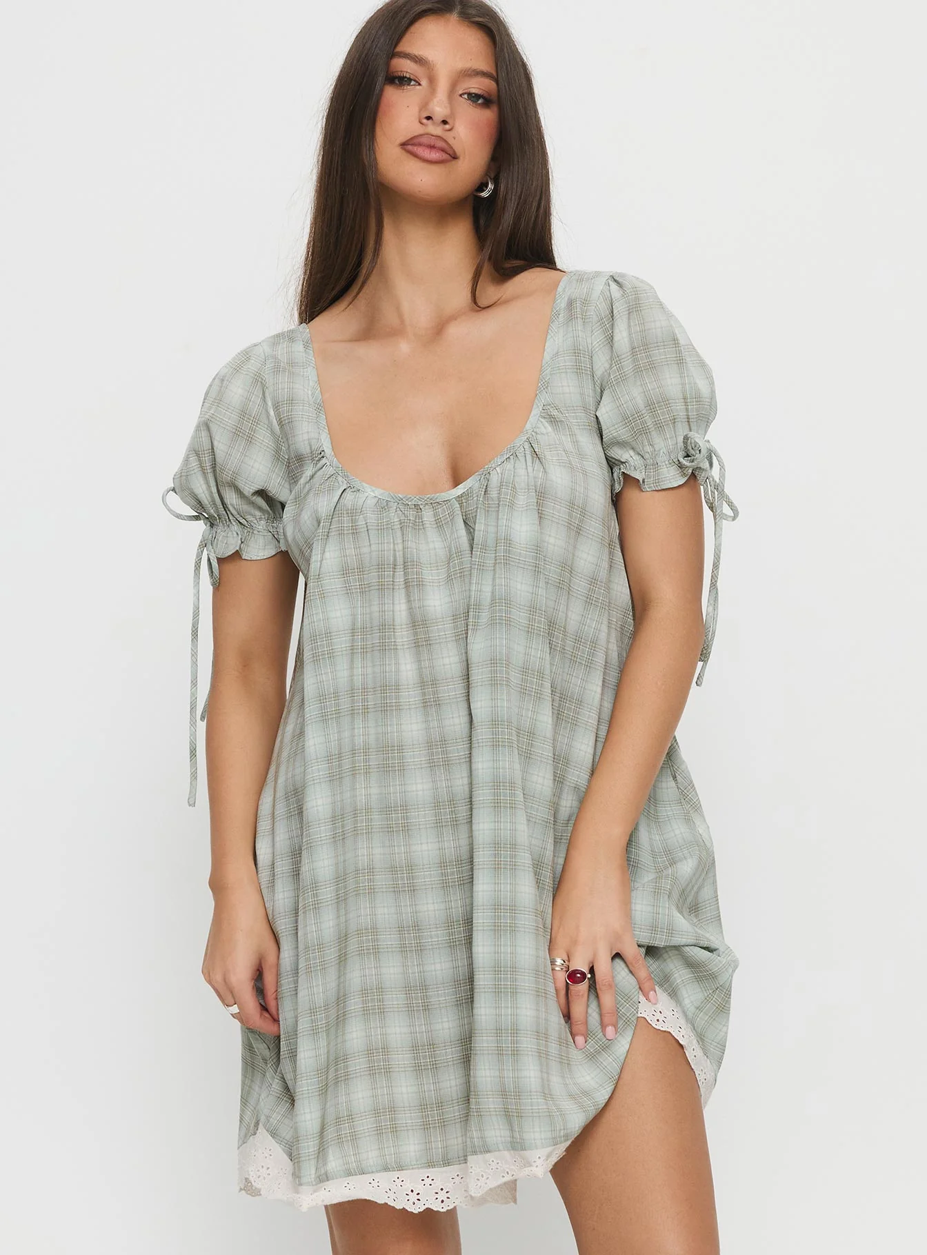 Embracing Puff Sleeve Swing Mini Dress Blue Check - EHAORUI