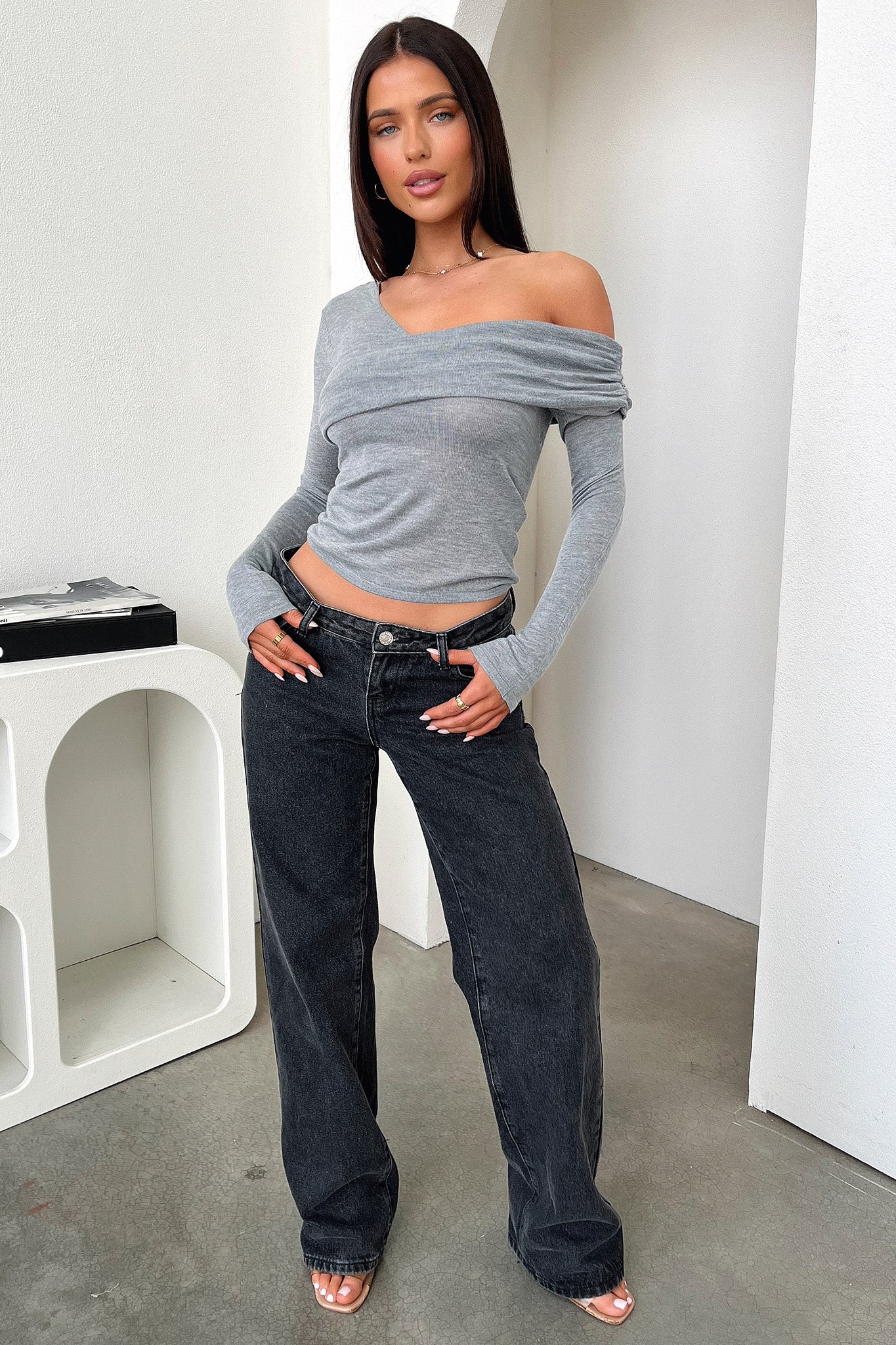 Rochelle Off Shoulder Long Sleeve Top - Grey - EHAORUI