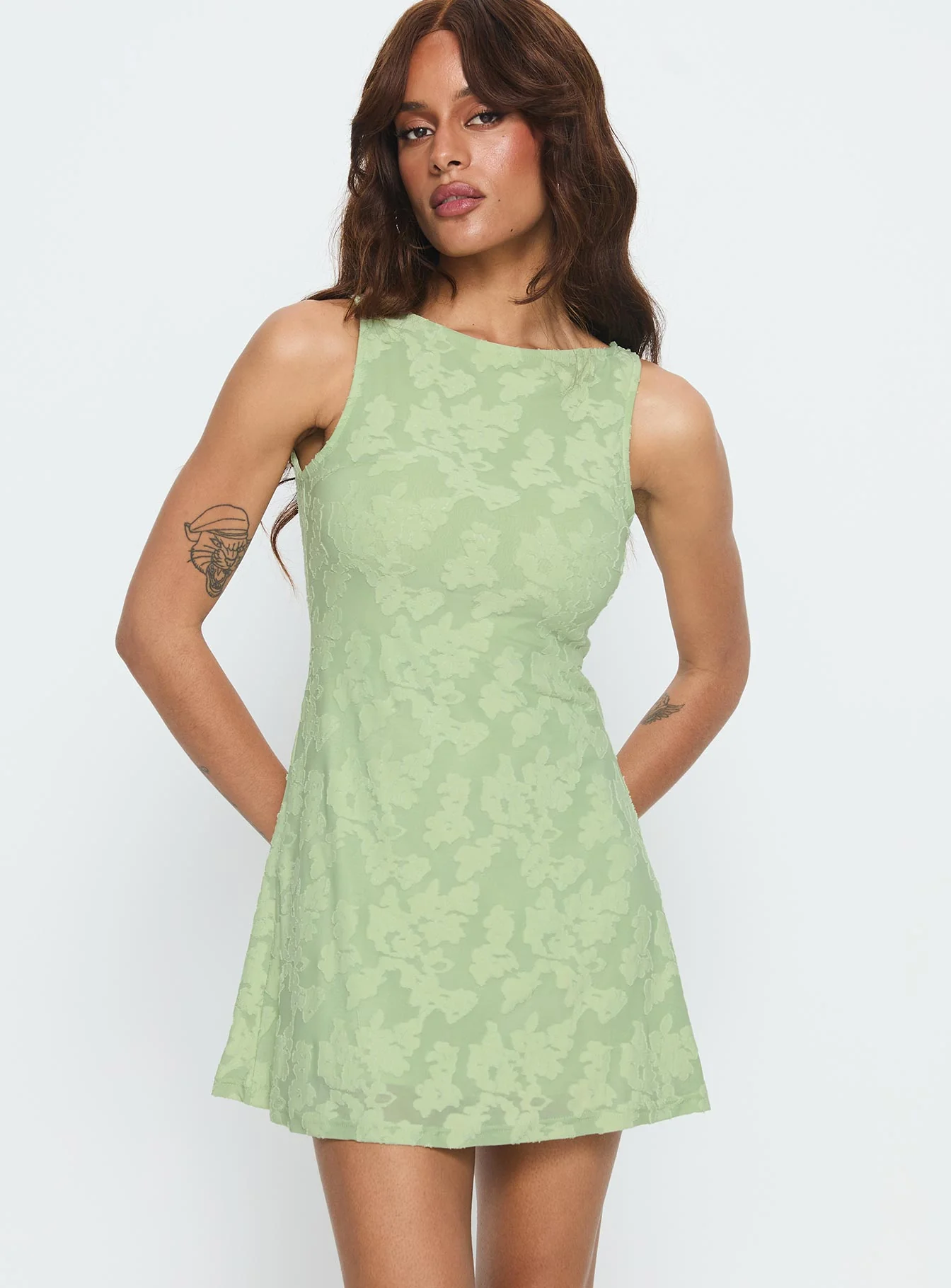 Charming Life Boat Neck Mini Dress Green Floral - EHAORUI