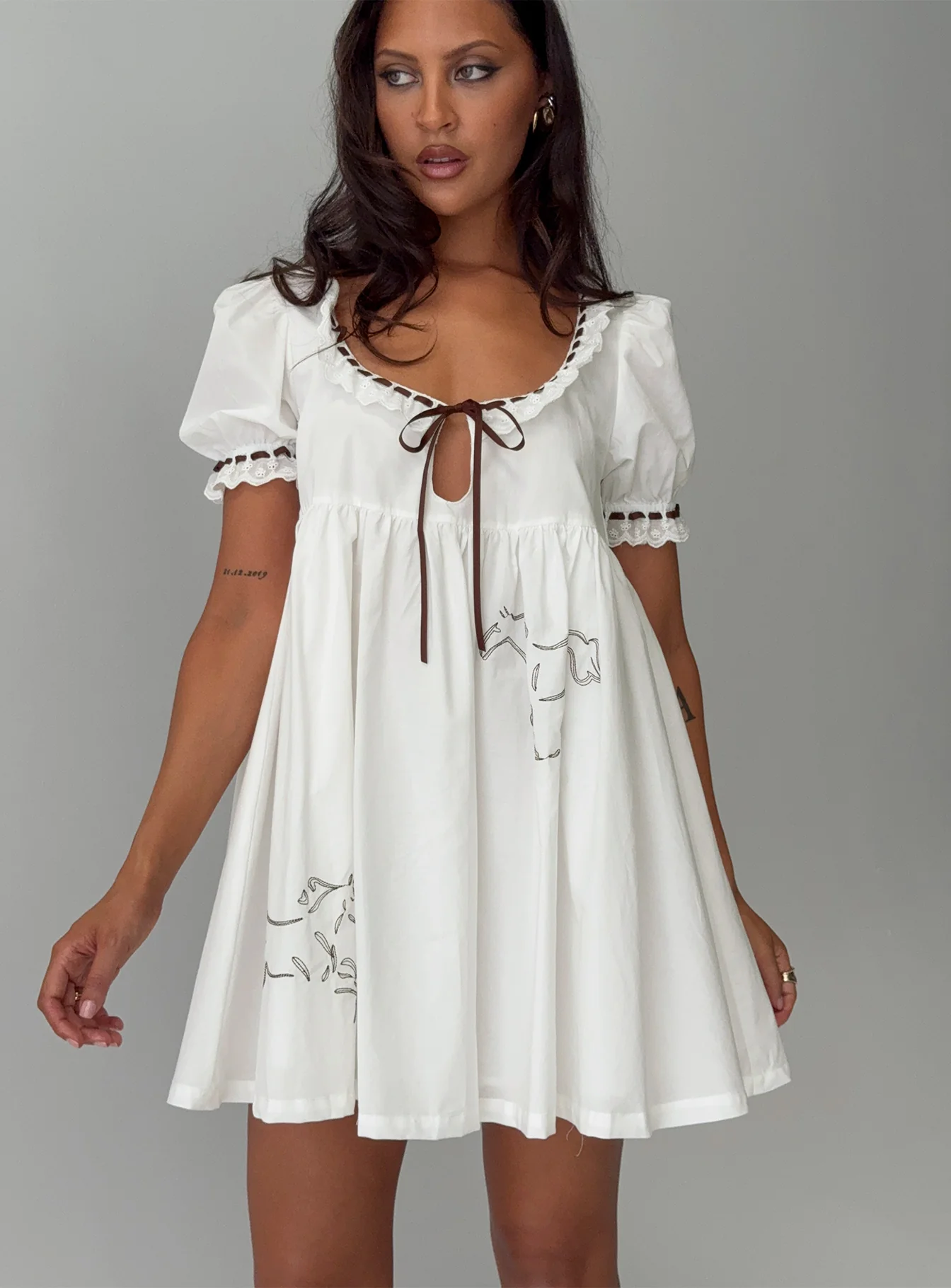 Cloudy Babydoll Contrast Trim Mini Dress White - EHAORUI