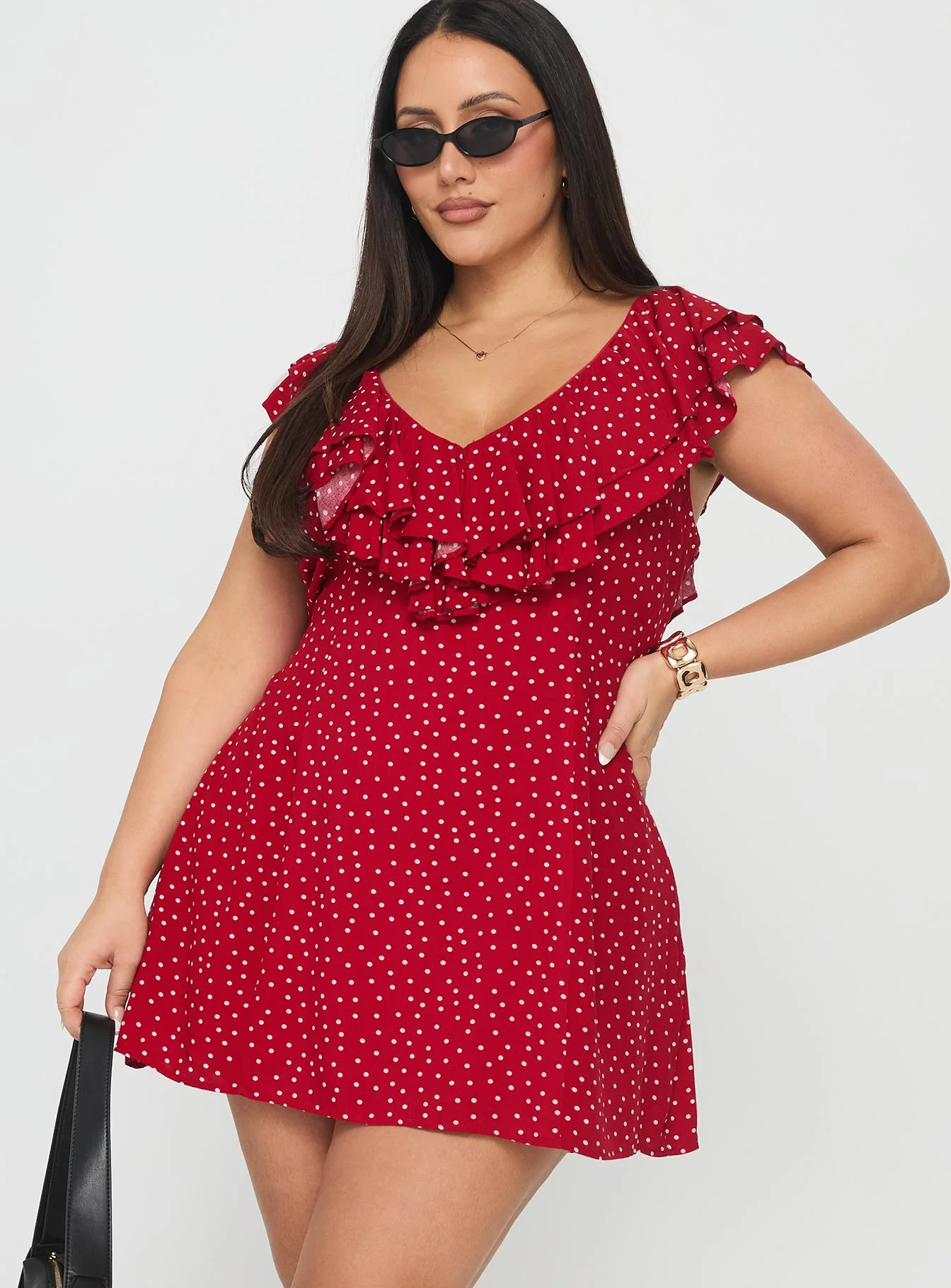 Cherry Schnapps Flutter Mini Dress Red Polka Curve - EHAORUI