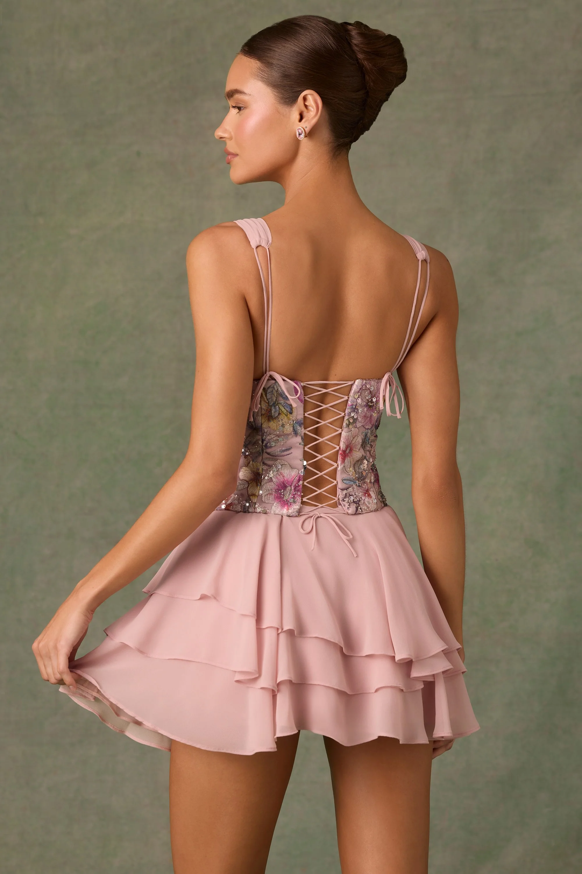 Embellished Ruffled Corset Mini Dress in Floral Pink - EHAORUI