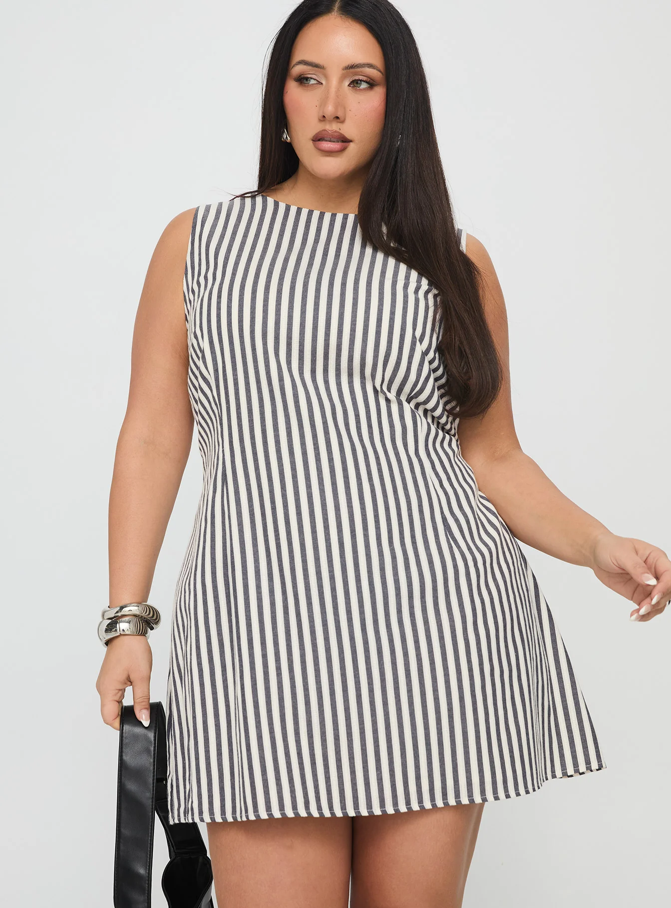 Alfalfa Shift Mini Dress Grey Stripe Curve - EHAORUI