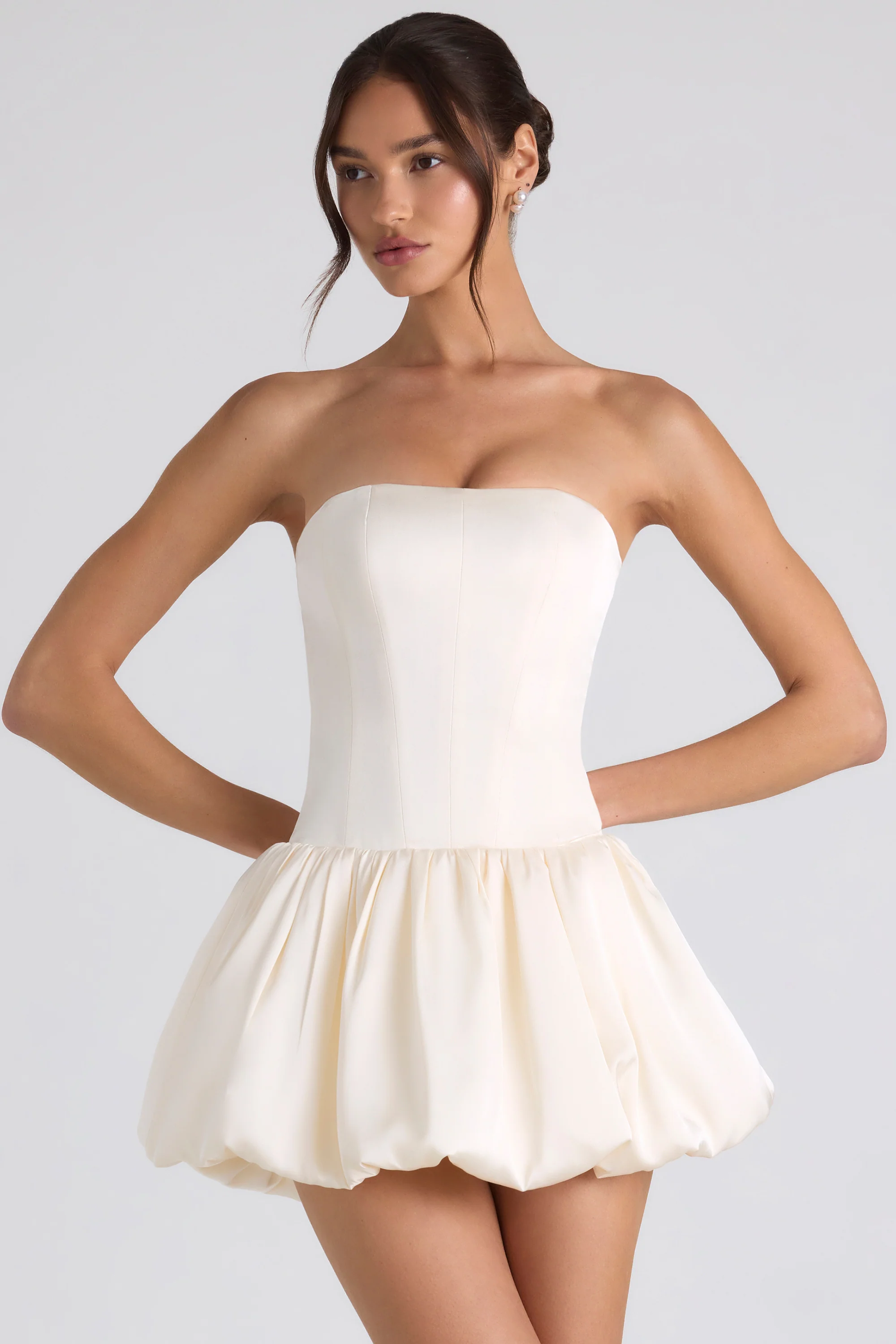 Lace-Up Bubble Hem Corset Mini Dress in Ivory - EHAORUI