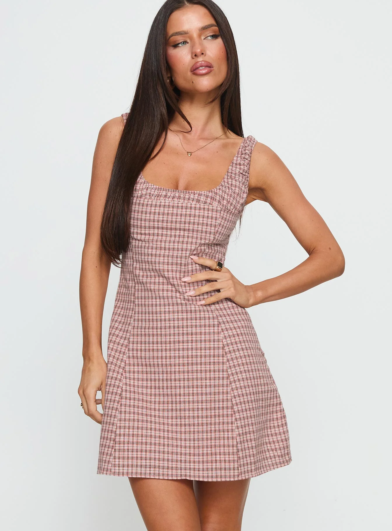 Denley Cinched Mini Dress Pink Check - EHAORUI