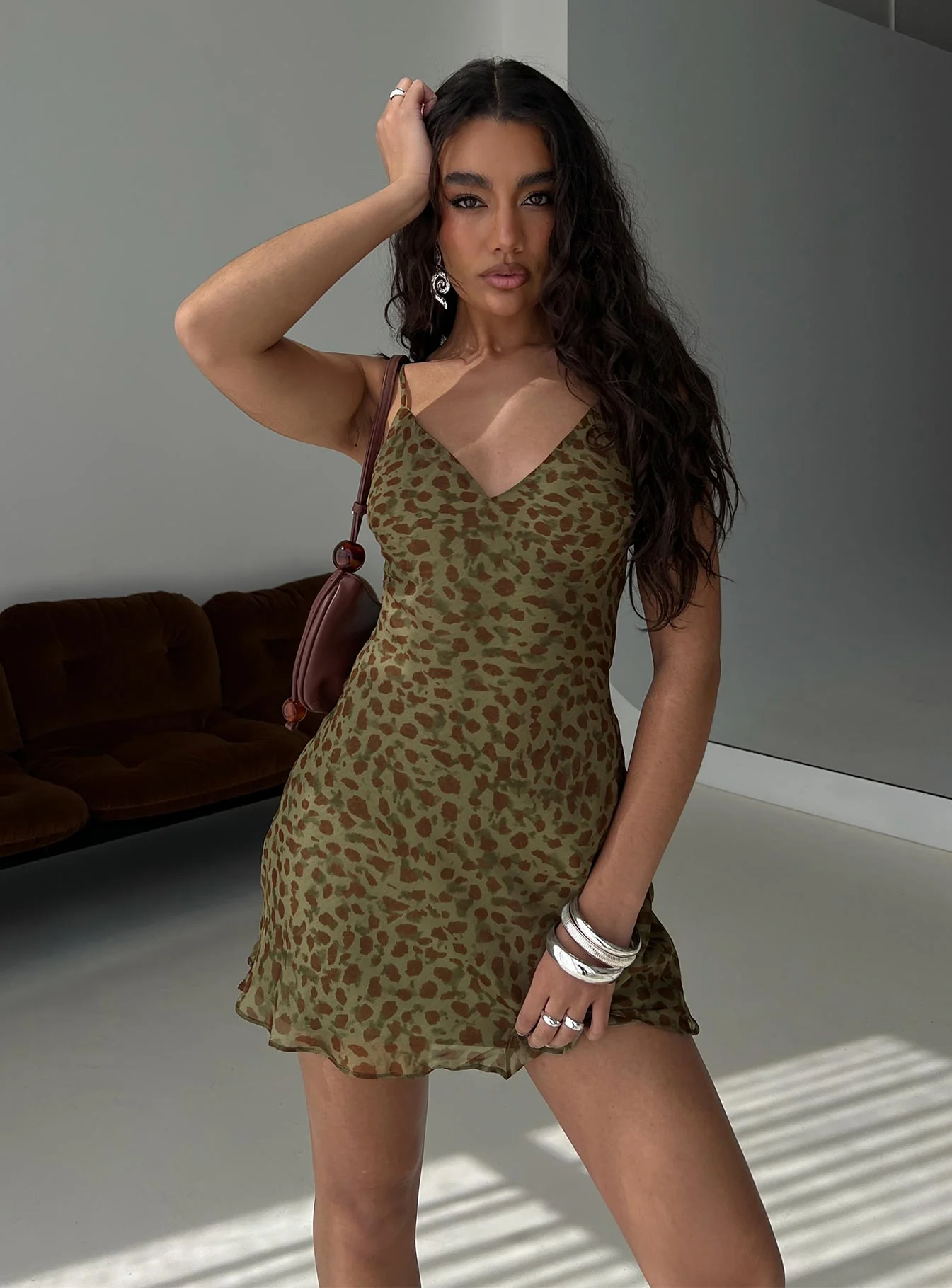 Ailyn V-neck Mini Dress Green Leopard - EHAORUI