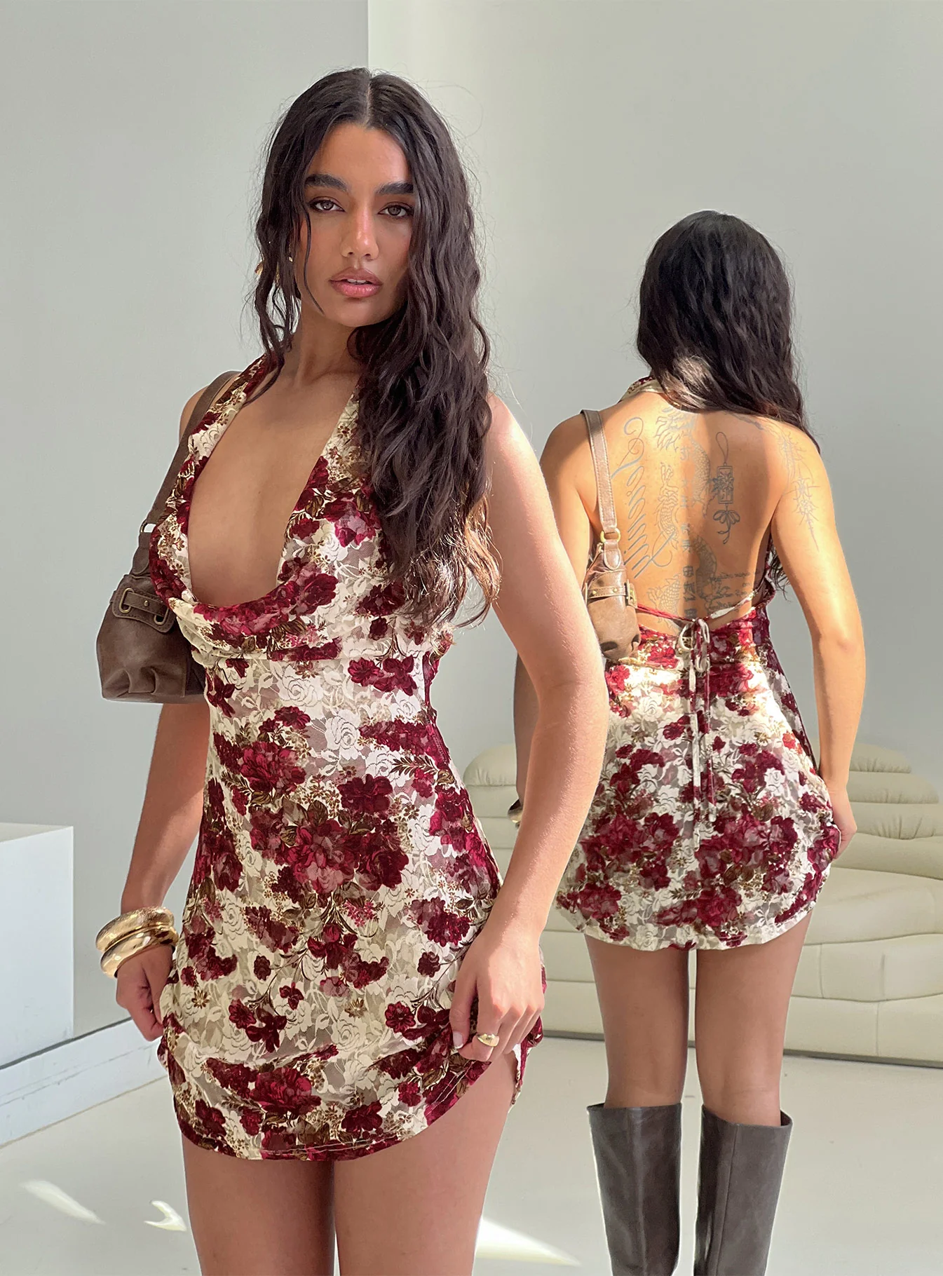 Salome Halter Cowl Neck Mini Dress Red Multi - EHAORUI