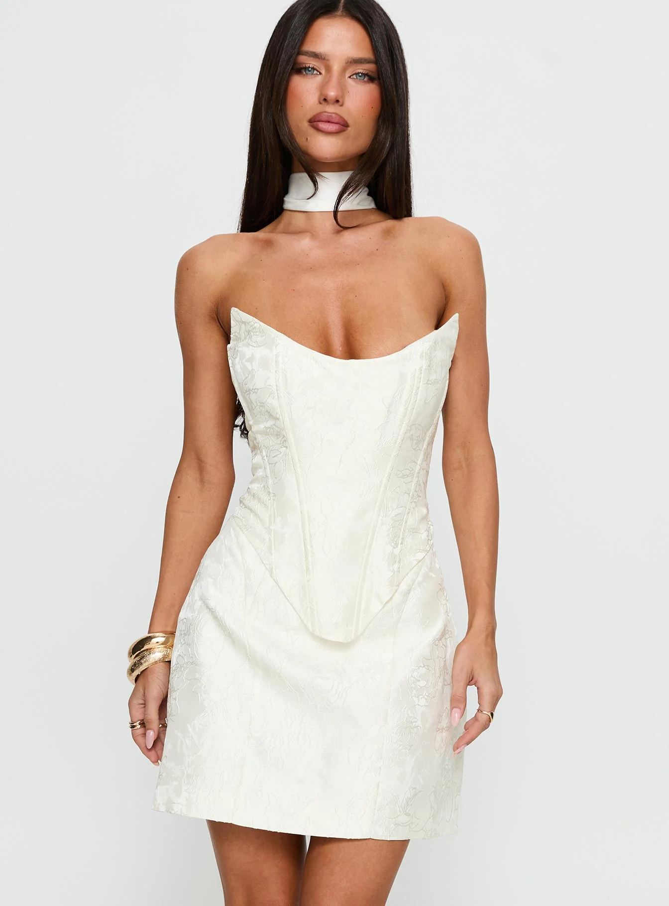 Pearla Strapless Scarf Mini Dress Ivory - EHAORUI