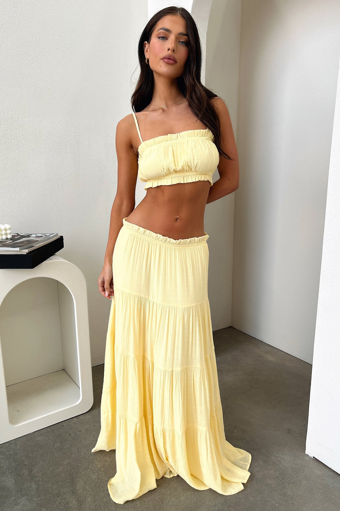 Selina Tiered Maxi Skirt - Yellow - EHAORUI