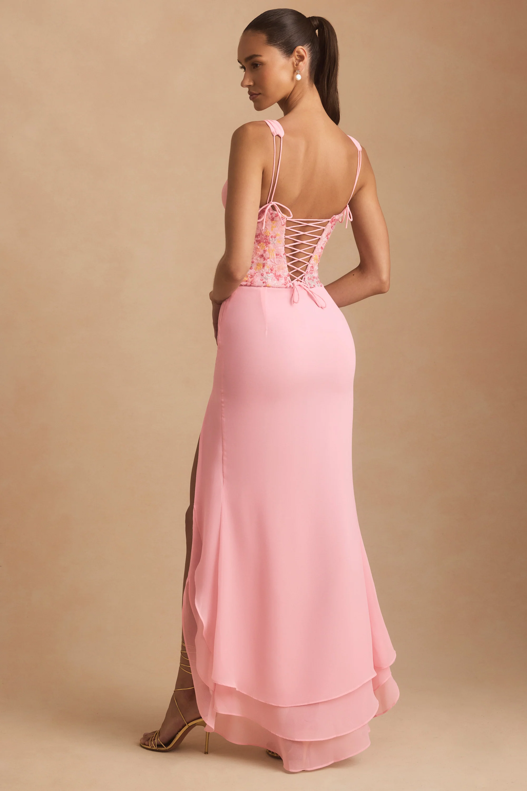 Embellished Plunge Ruffled Corset Maxi Dress in Pink - EHAORUI