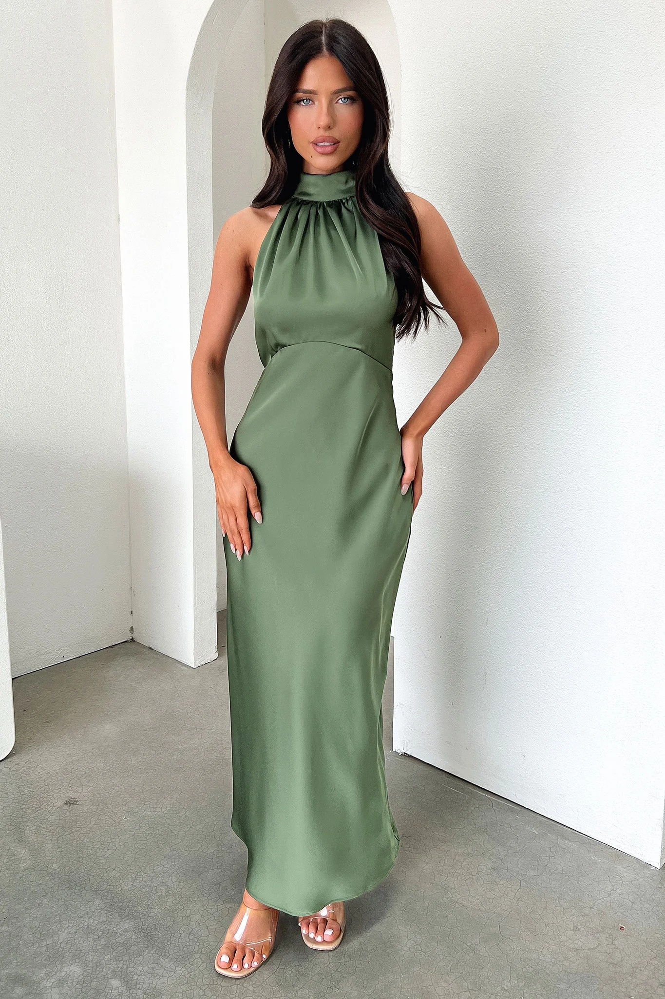 Daphne High Neck Maxi Dress - Olive - GUERYA
