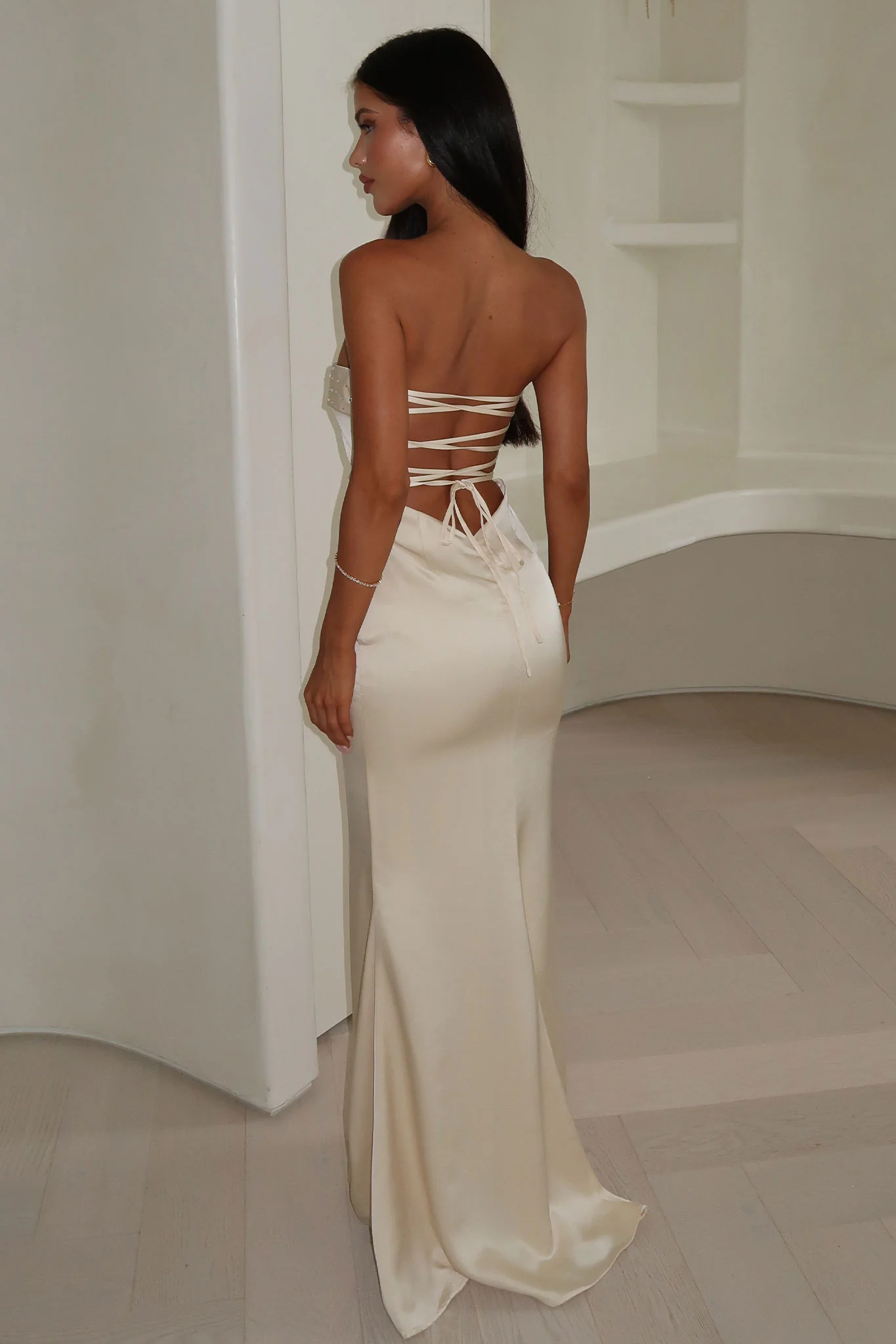Ophelia Strapless Embellished Satin Maxi Dress - Champagne - GUERYA